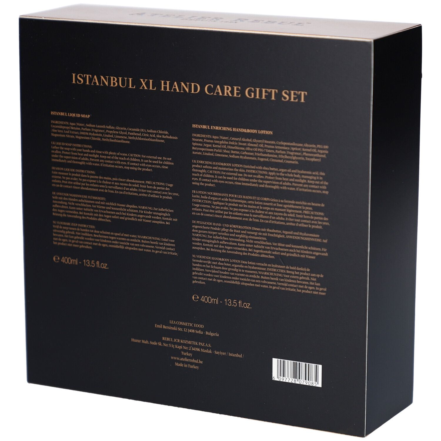 Schwarze Box mit Text. Aufschrift: Istanbul XL Hand Care Gift Set. Enthält Informationen zu Inhaltsstoffen und Hersteller.