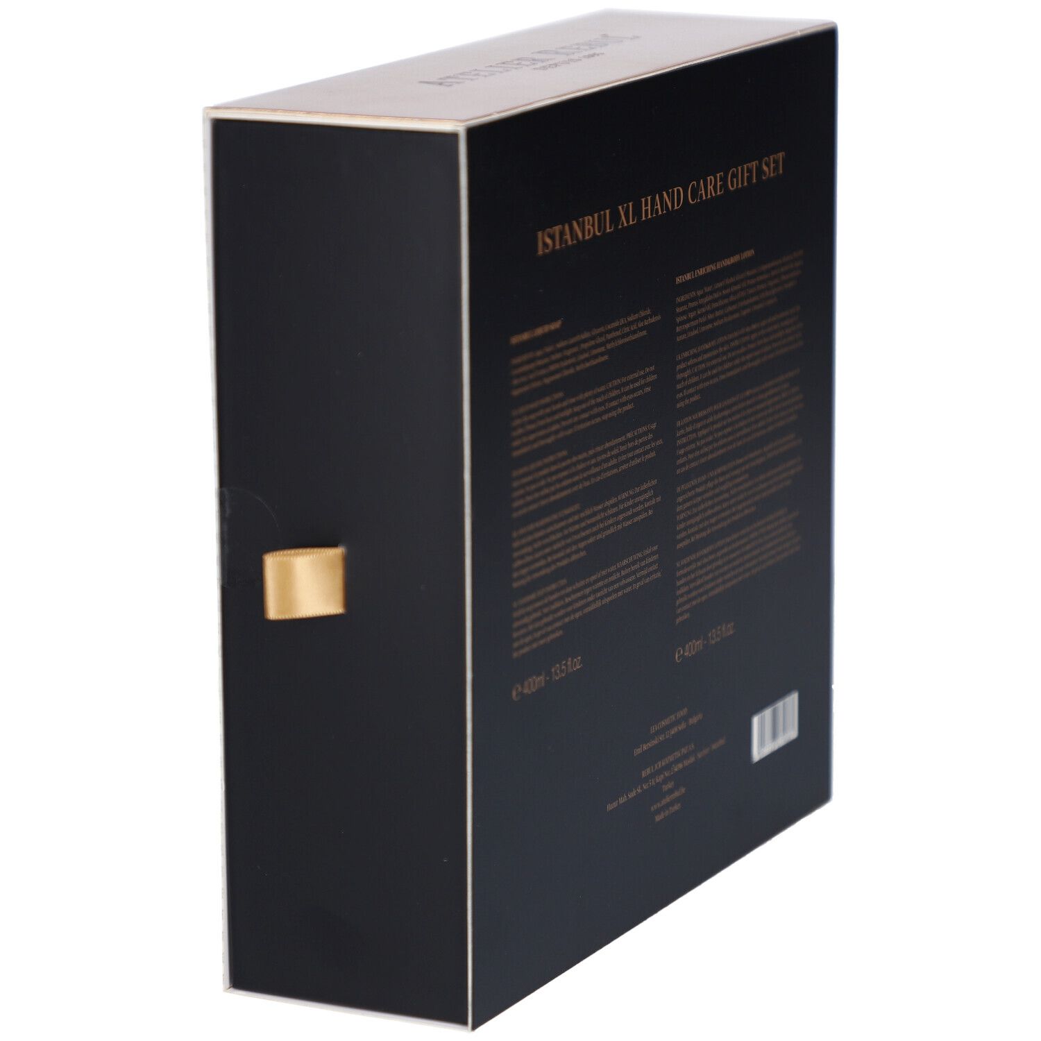 Schwarze Box mit Text. Aufschrift: Istanbul XL Hand Care Gift Set. Enthält Informationen zu Inhaltsstoffen und Hersteller.