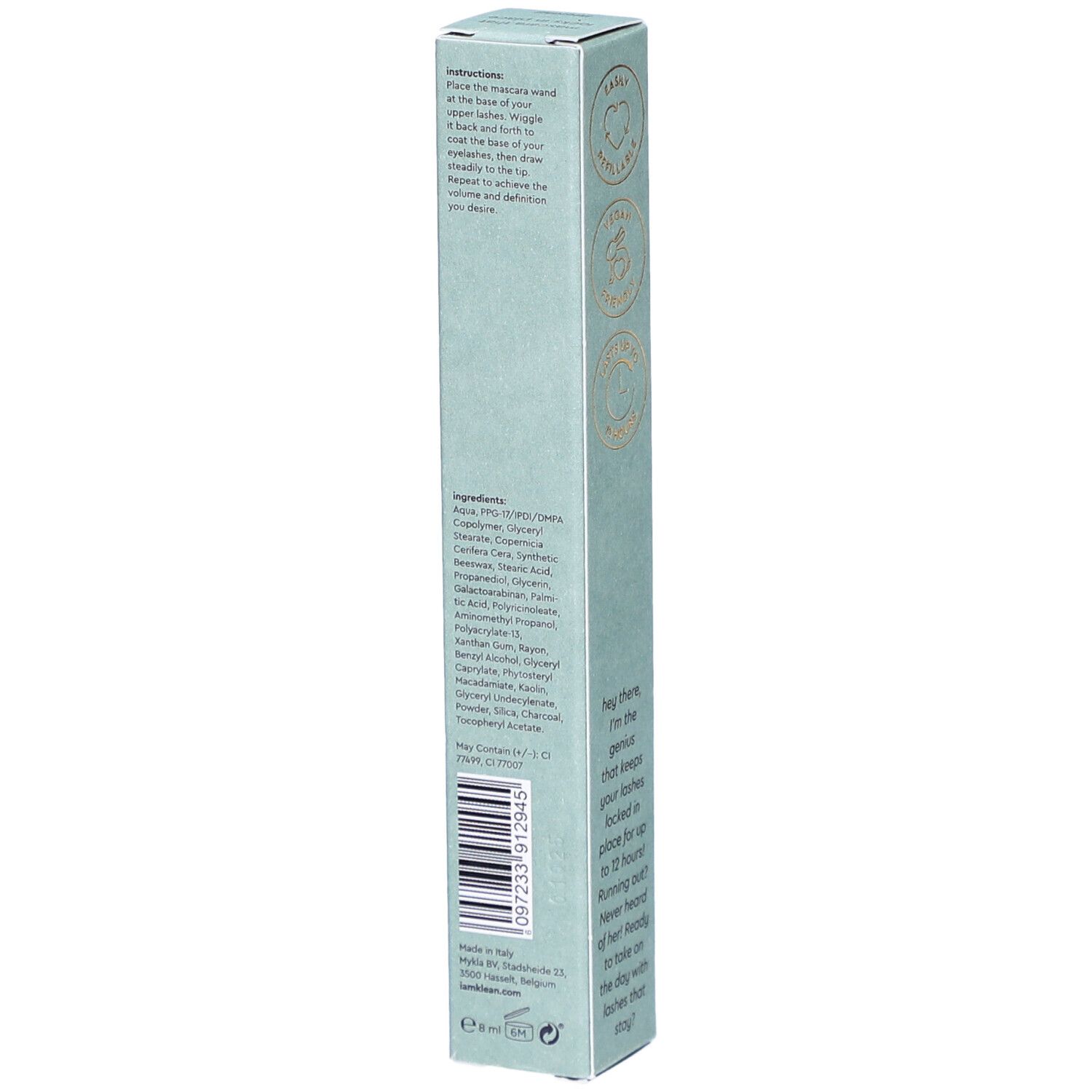 i.am.klean Mascara-Verpackung. Hellgrüne Schachtel mit Inhaltsstoffen, Text und Barcode. Text: lash lock refillable mascara.