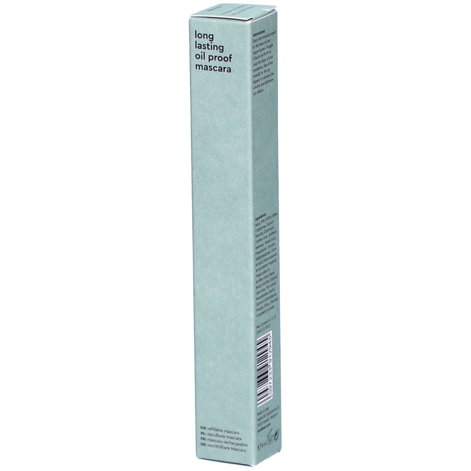 i.am.klean Mascara-Verpackung. Hellgrüne, längliche Schachtel mit Text: long lasting oil proof mascara.