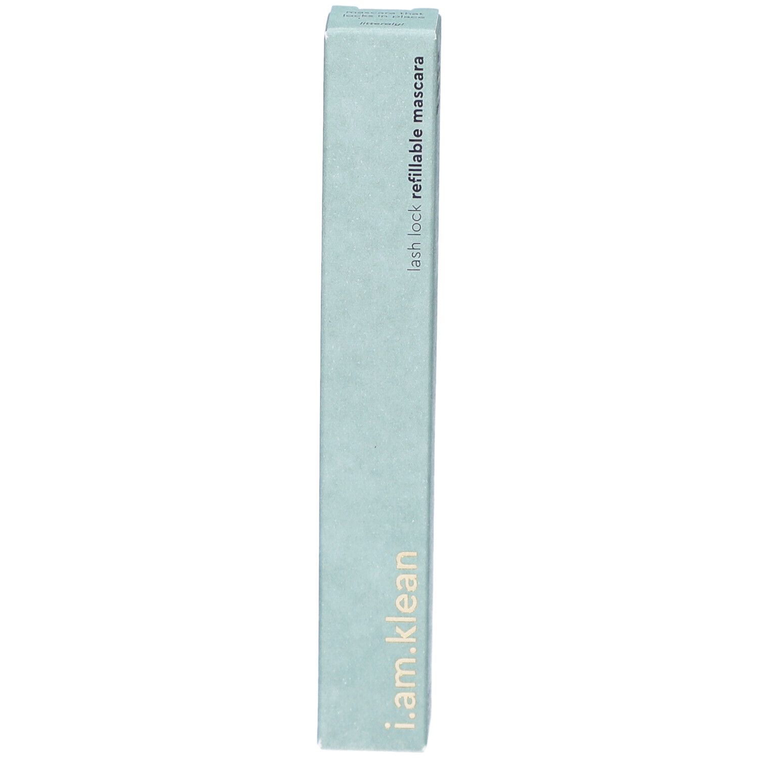 i.am.klean Mascara-Verpackung. Hellgrüne, längliche Schachtel mit Produktbezeichnung und Text: lash lock refillable mascara.
