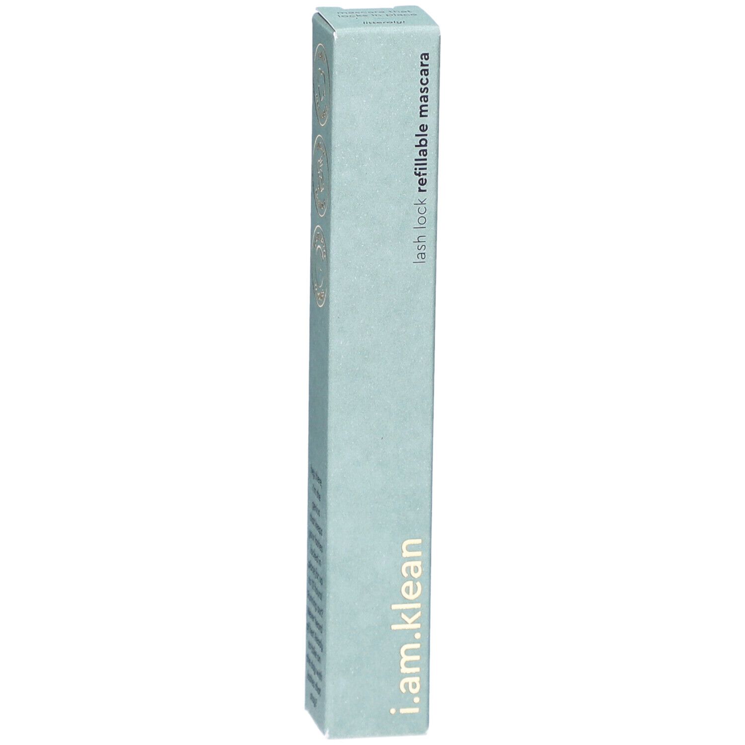 i.am.klean Mascara-Verpackung. Hellgrüne, längliche Schachtel mit Produktbezeichnung und Text: lash lock refillable mascara.