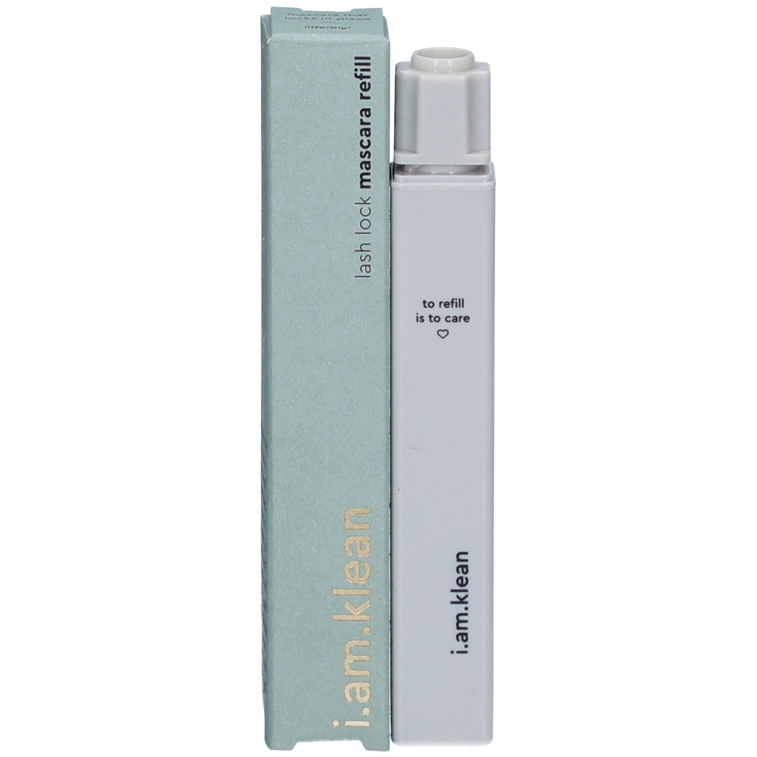 Mascara-Nachfüllung und Verpackung. Text: i.am.klean, lash lock mascara refill.