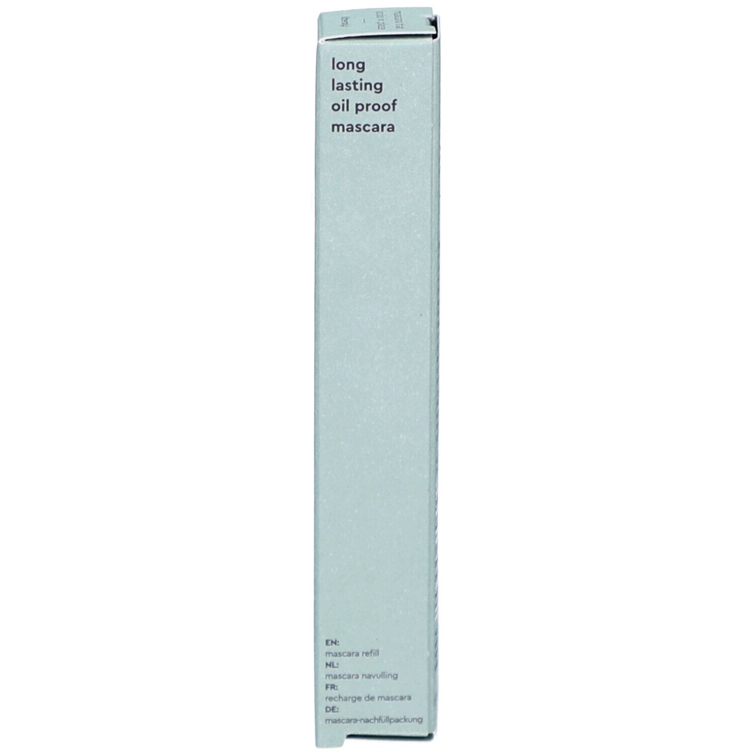 Verpackung mit Text. Text: long lasting oil proof mascara, Mascara handling, etc.