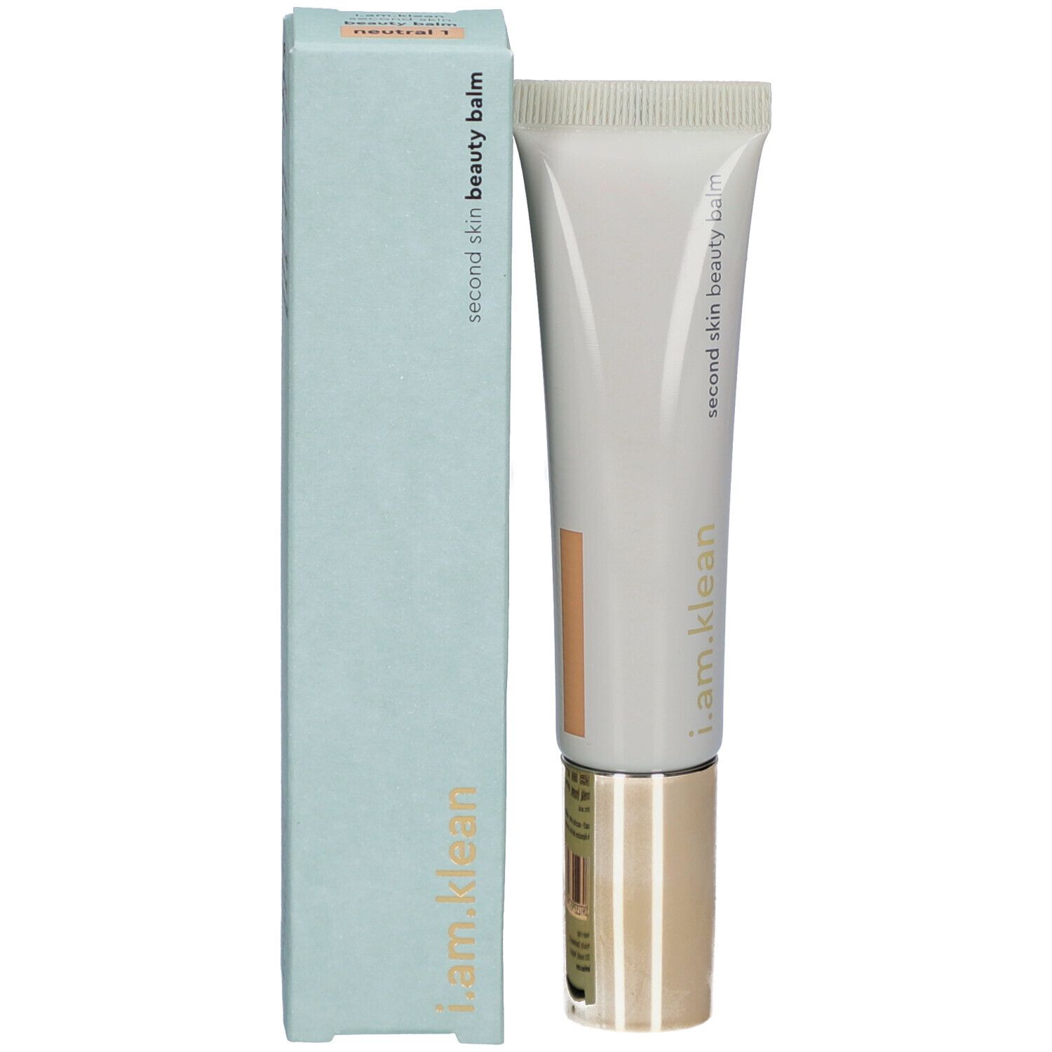 Creme-Tube und Schachtel. Aufschrift: i.am.klean, second skin beauty balm, neutral 1.