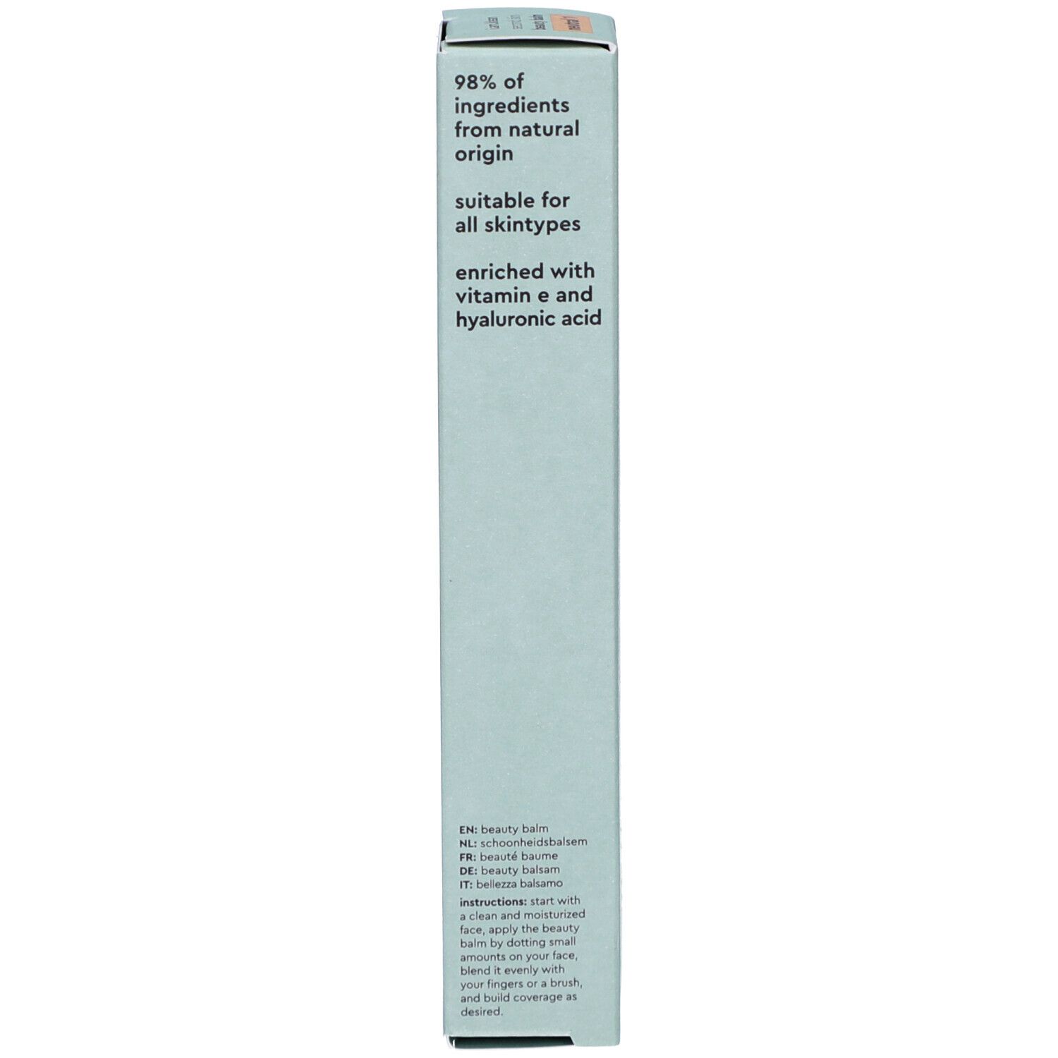 Hellblaue Schachtel. Text: 98% Inhaltsstoffe natürlichen Ursprungs, geeignet für alle Hauttypen, angereichert mit Vitamin E und Hyaluronsäure.