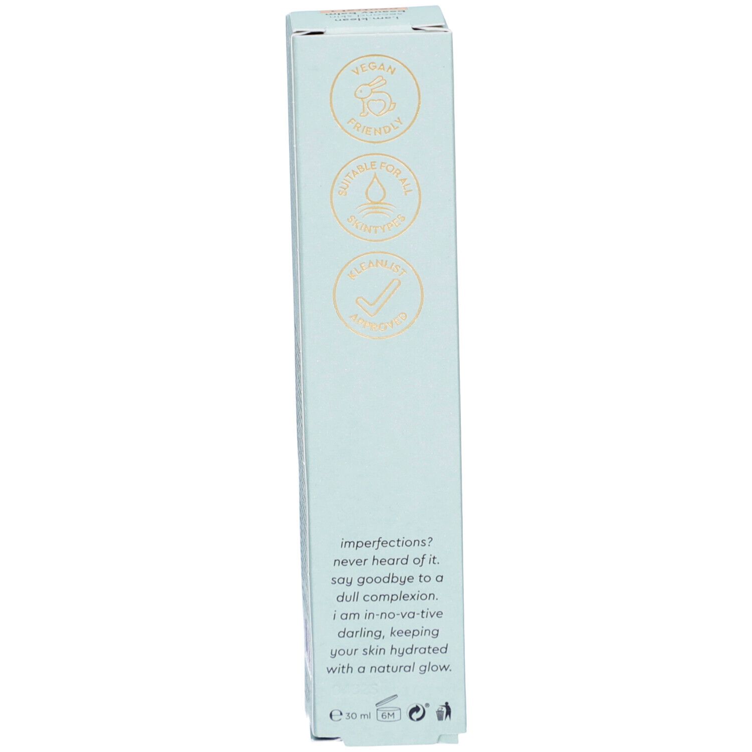 Hellblaue Schachtel. Logos: Vegan, Dermatologisch getest, Cruelty Free. Text: i.am.klean, keeping your skin hydrated with a natural glow.