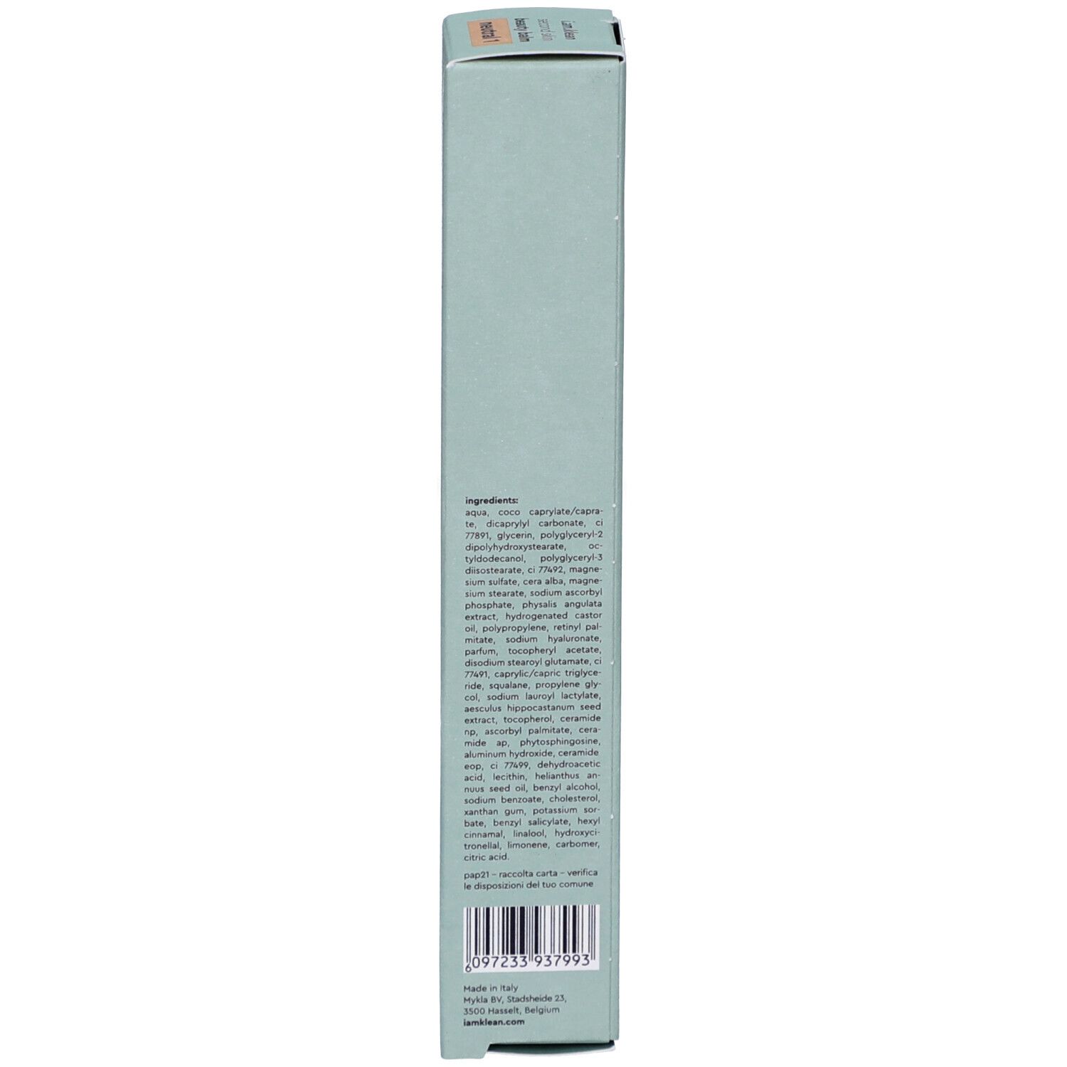 Hellblaue Schachtel. Zutatenliste und Barcode. Hersteller: i.am.klean, Belgien.