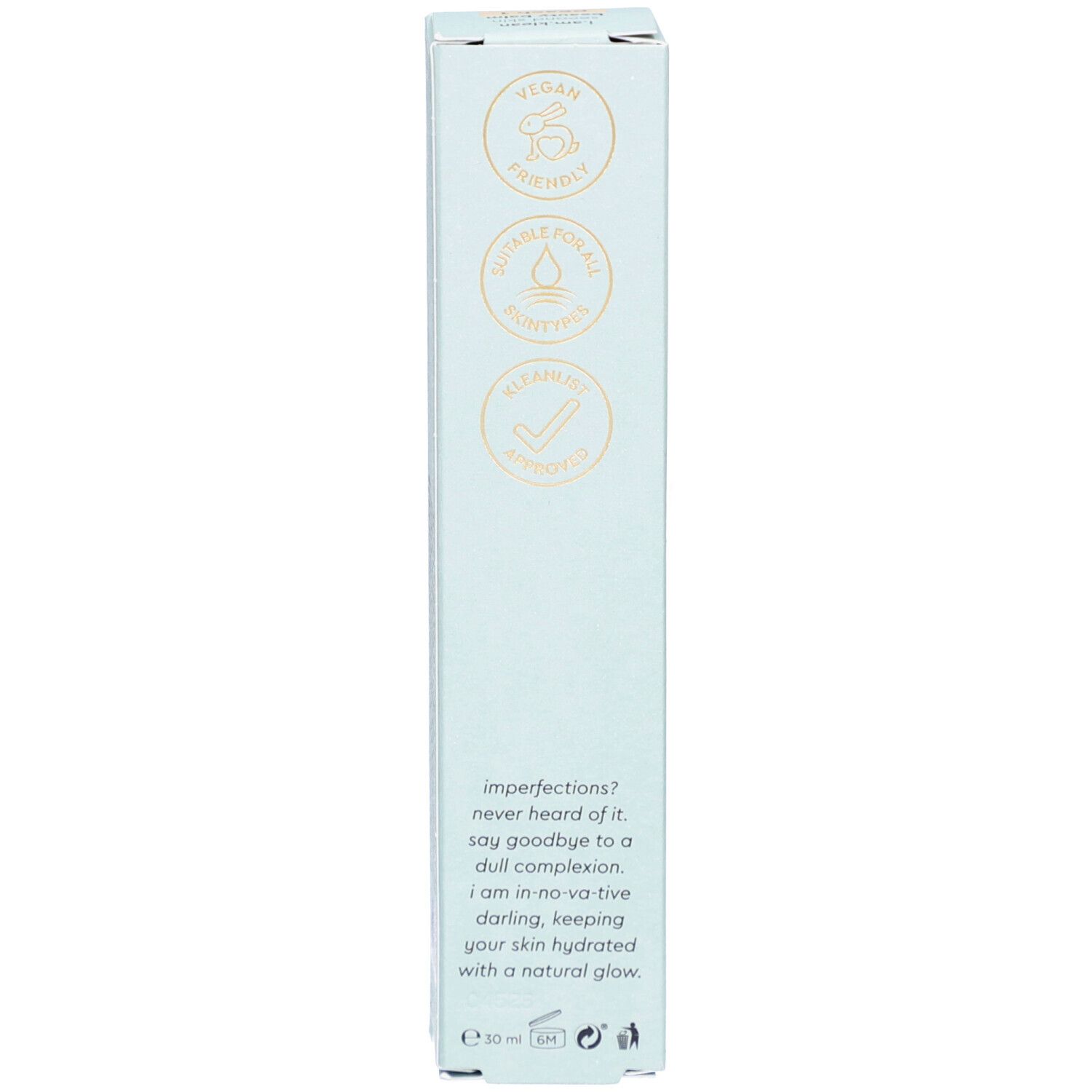 Schachtel. Aufschrift: Vegan, tierversuchsfrei, nachhaltig, i.am.klean, E 30 ml.