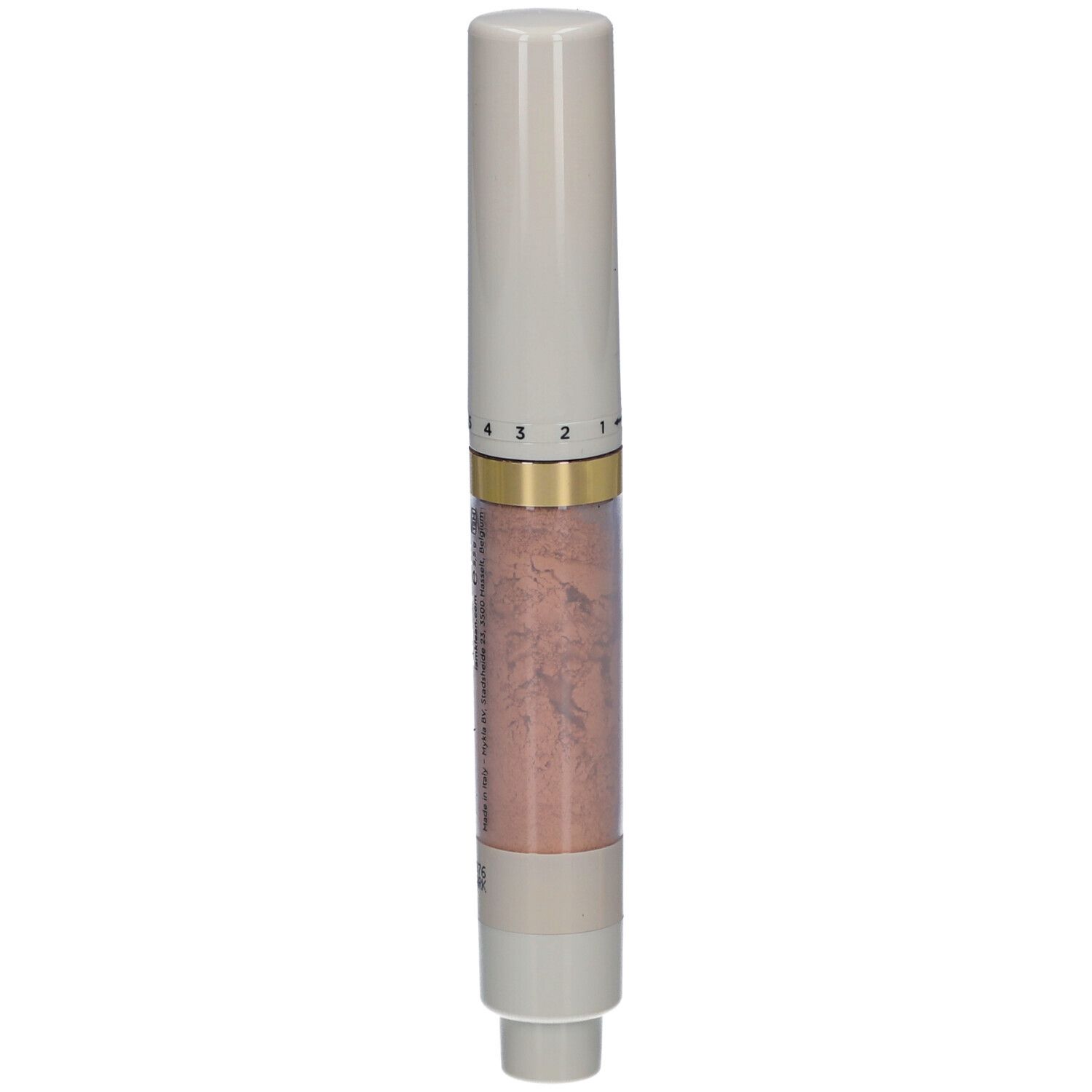 Weißer Stift mit rosa Inhalt. Skala von 1 bis 4. Aufschrift: i.am.klean, sunny ever after spf50 sun brush.