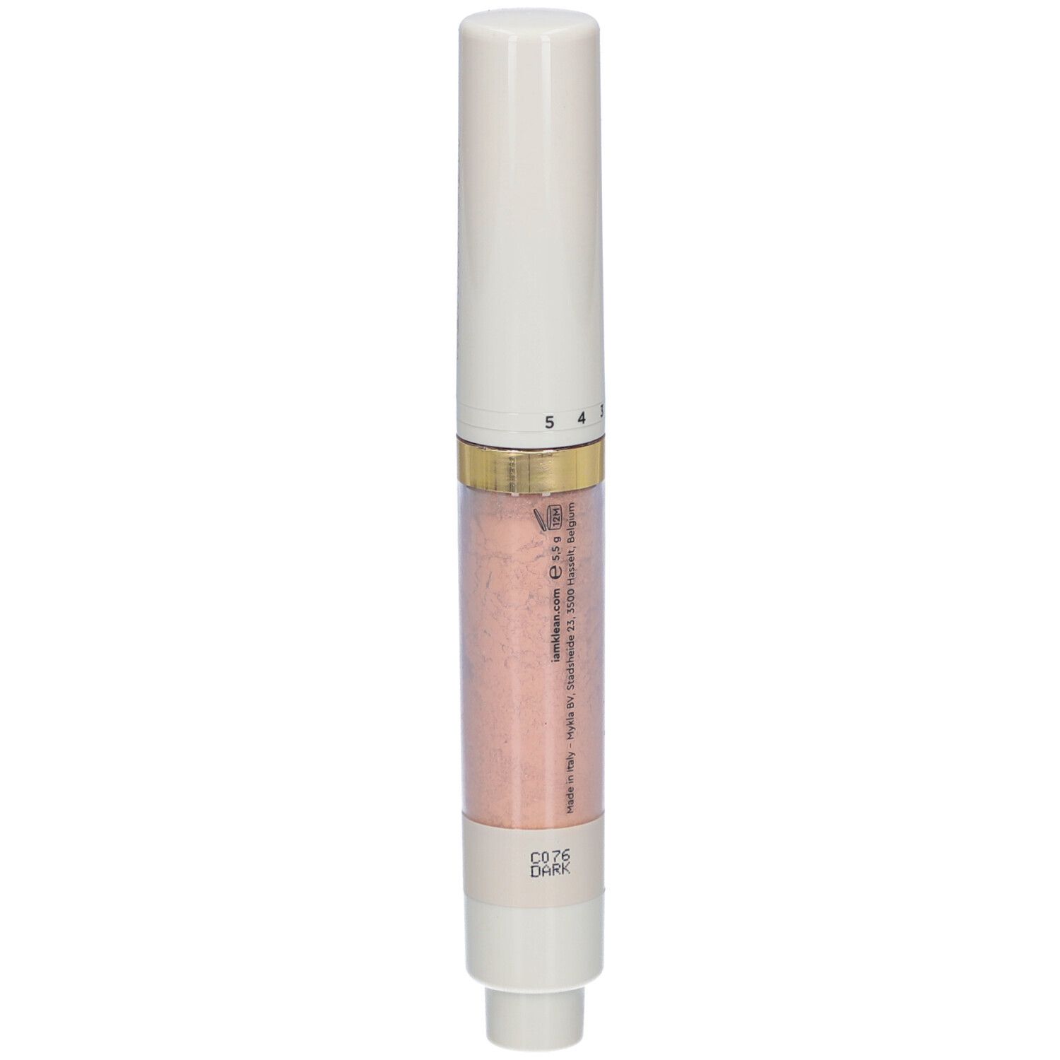 Weißer Stift mit rosa Inhalt. Skala von 1 bis 5. Aufschrift: i.am.klean, sunny ever after spf50 sun brush.