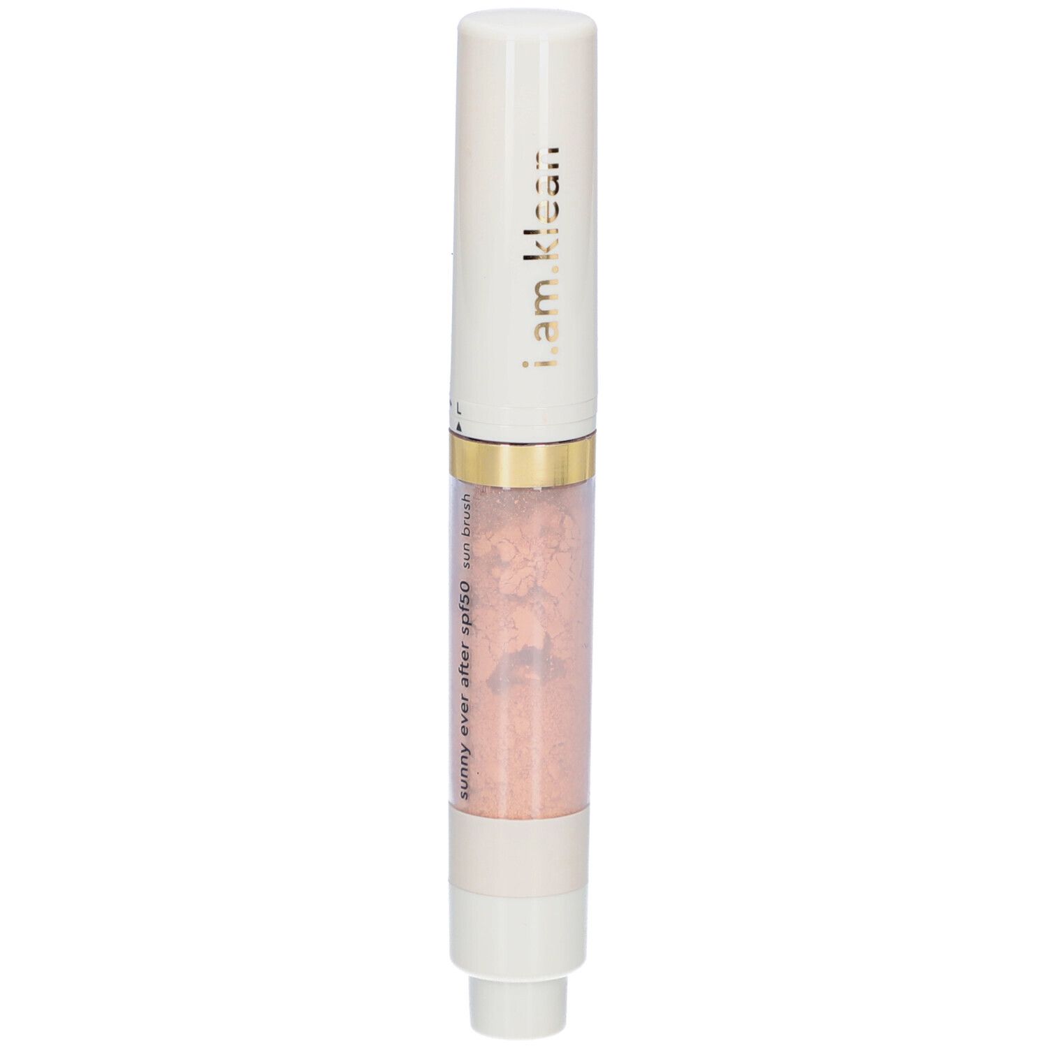 Weißer Stift mit rosa Inhalt. Aufschrift: i.am.klean, sunny ever after spf50 sun brush.