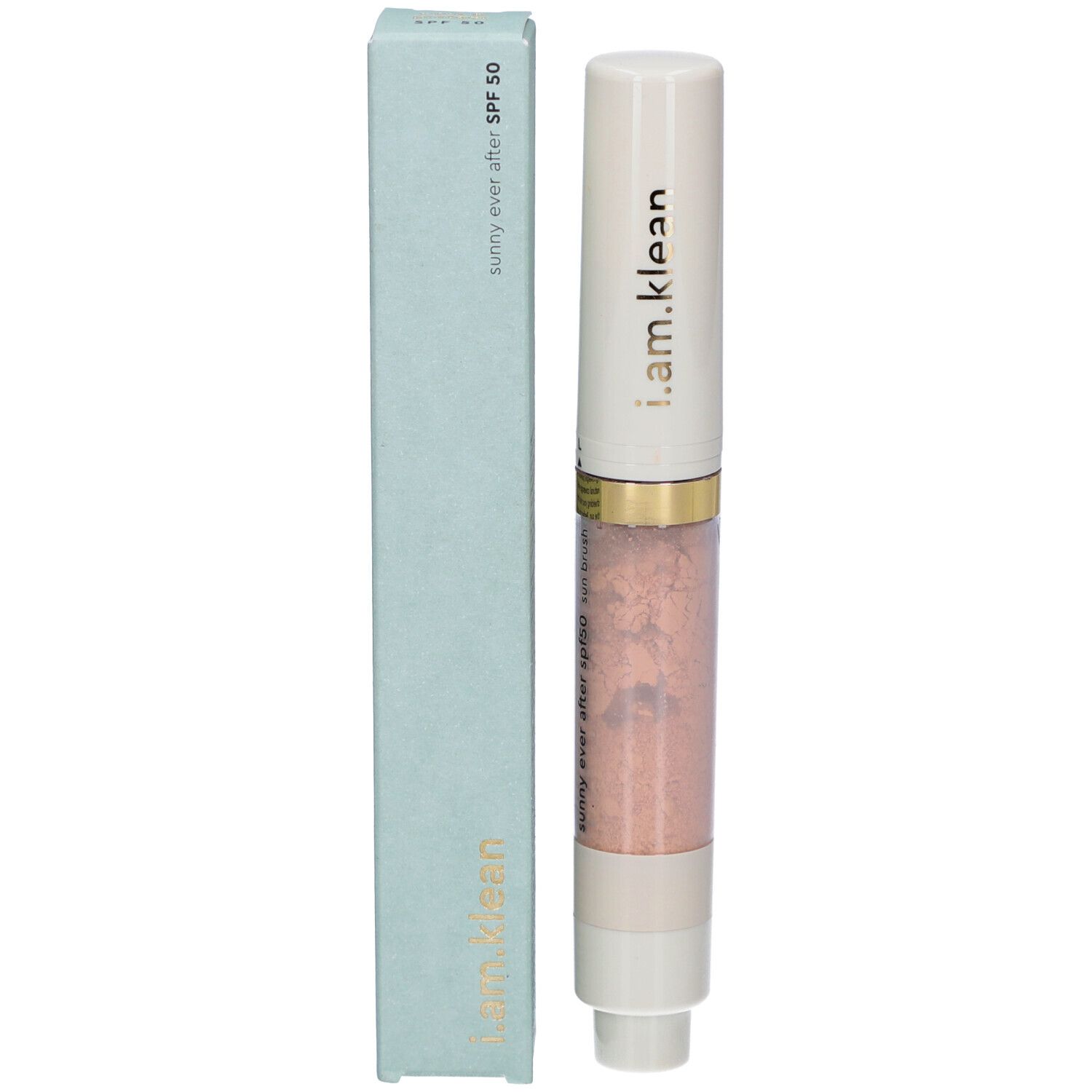 Produkt und Verpackung. Weißer Stift mit rosa Inhalt. Aufschrift: i.am.klean, sunny ever after spf50 sun brush.