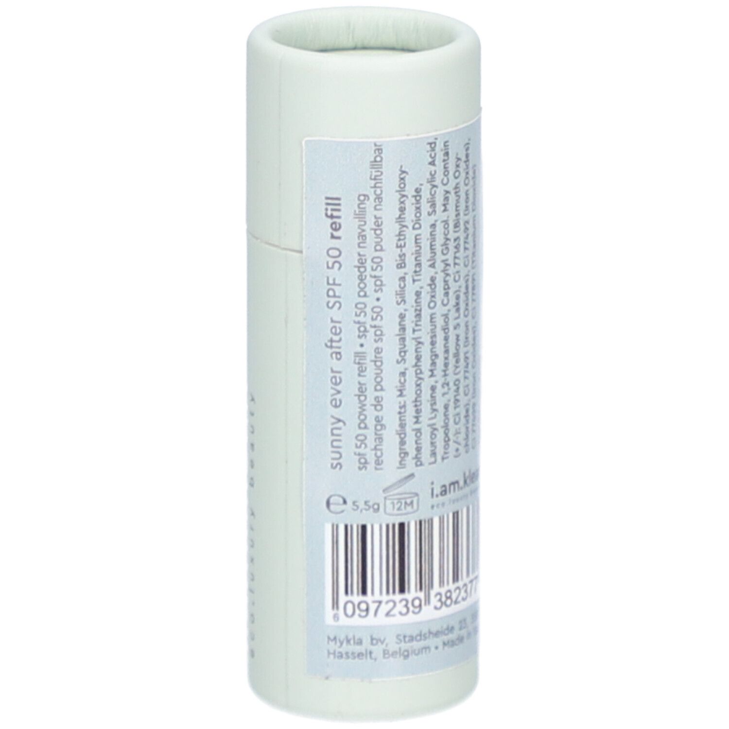 Hellgrüne, zylindrische Verpackung mit Etikett. Enthält Text 'sunny ever after SPF 50 refill', Inhaltsstoffe, Barcode.