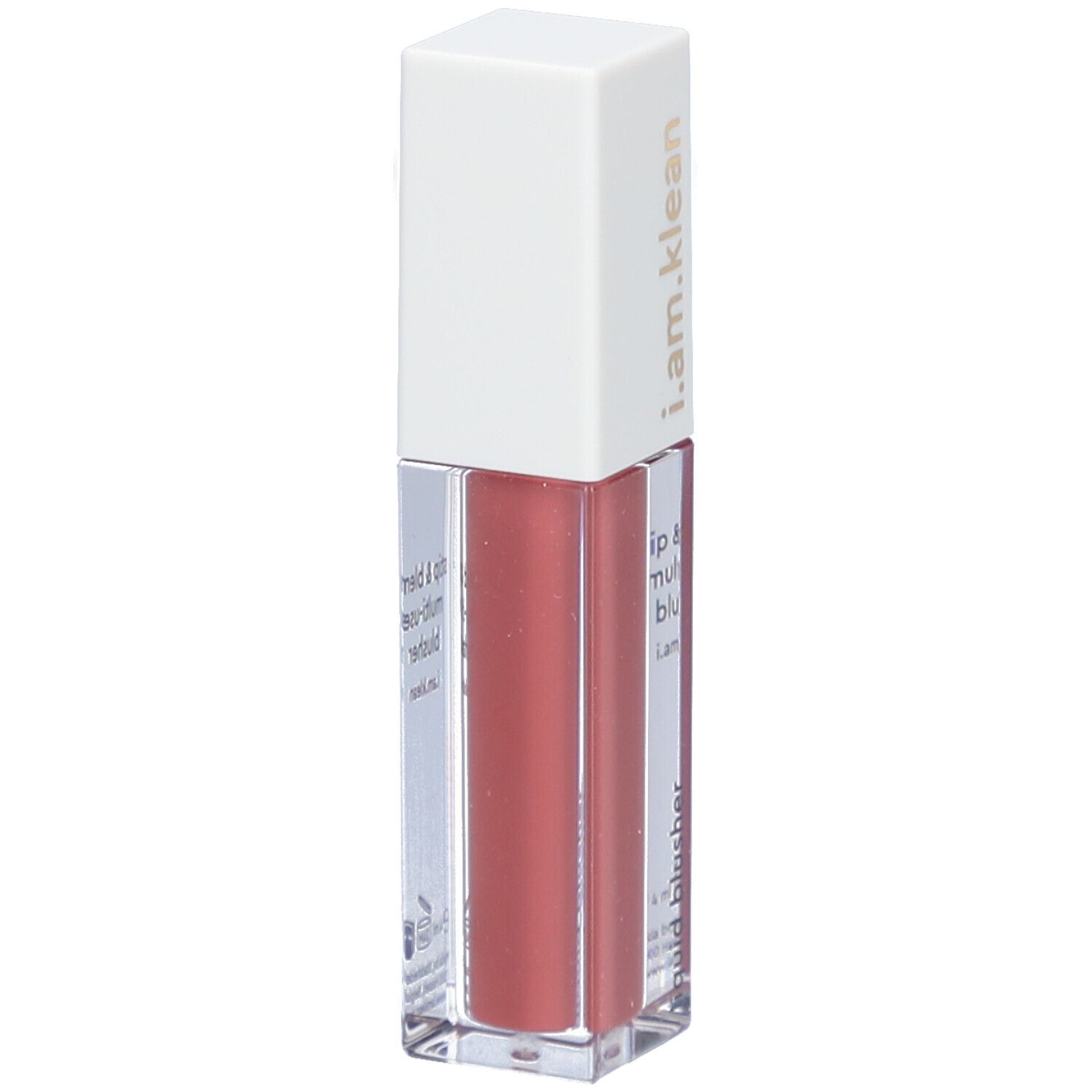 Flüssiger Rouge-Behälter mit weißem Deckel. Aufschrift: i.am.klean. Produktbezeichnung: liquid blusher. Inhalt rosa.