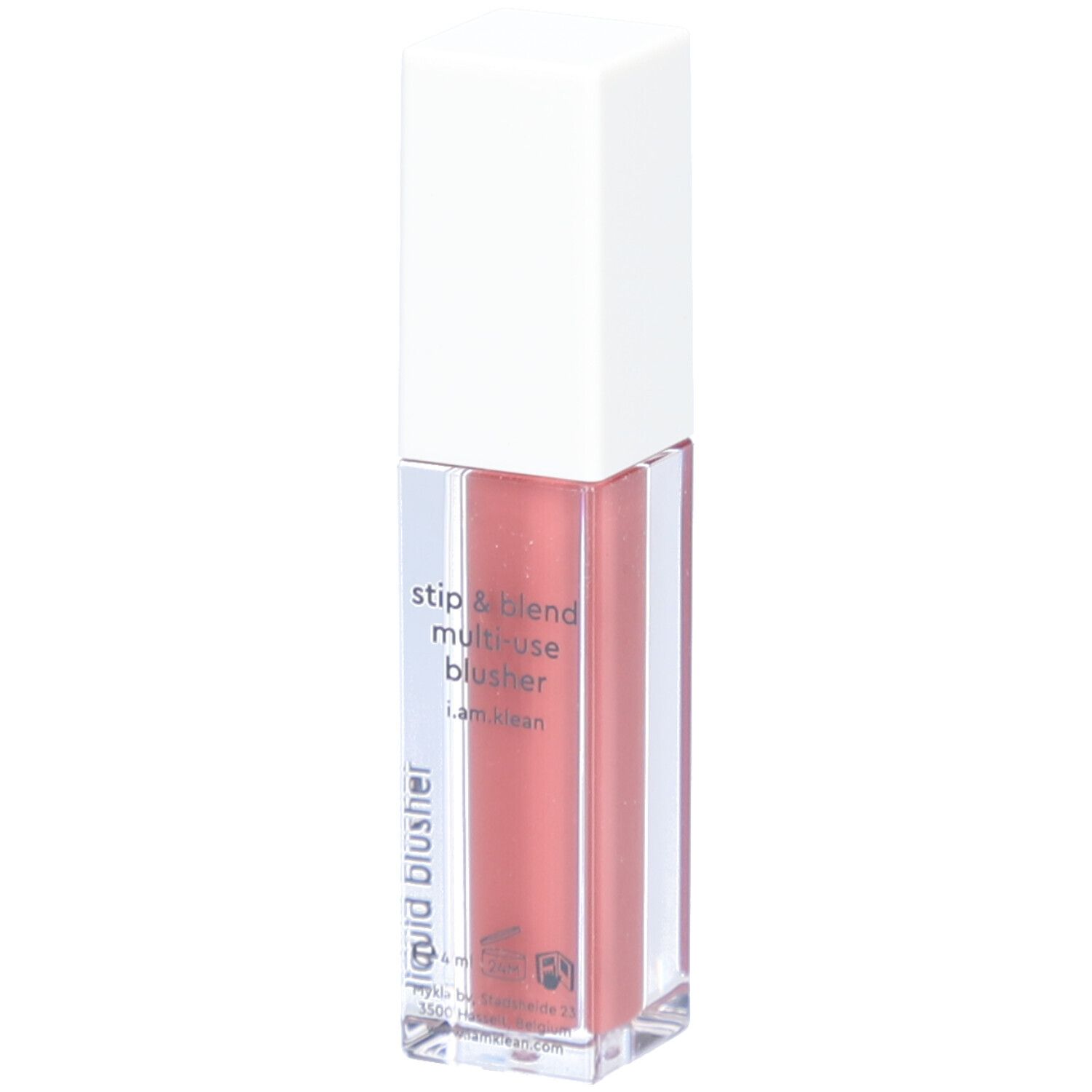 Flüssiger Rouge-Behälter mit weißem Deckel. Aufschrift: i.am.klean. Produktbezeichnung: liquid blusher. Inhalt rosa.