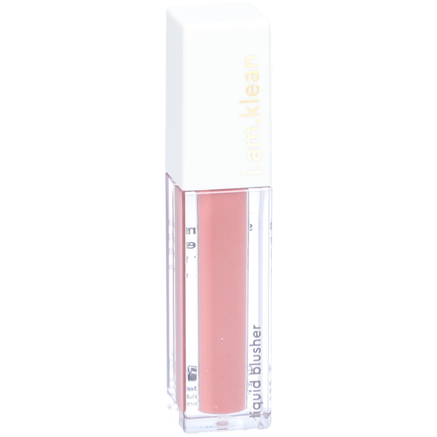 Flüssiger Rouge-Behälter mit weißem Deckel. Aufschrift: i.am.klean. Produktbezeichnung: liquid blusher. Inhalt rosa.