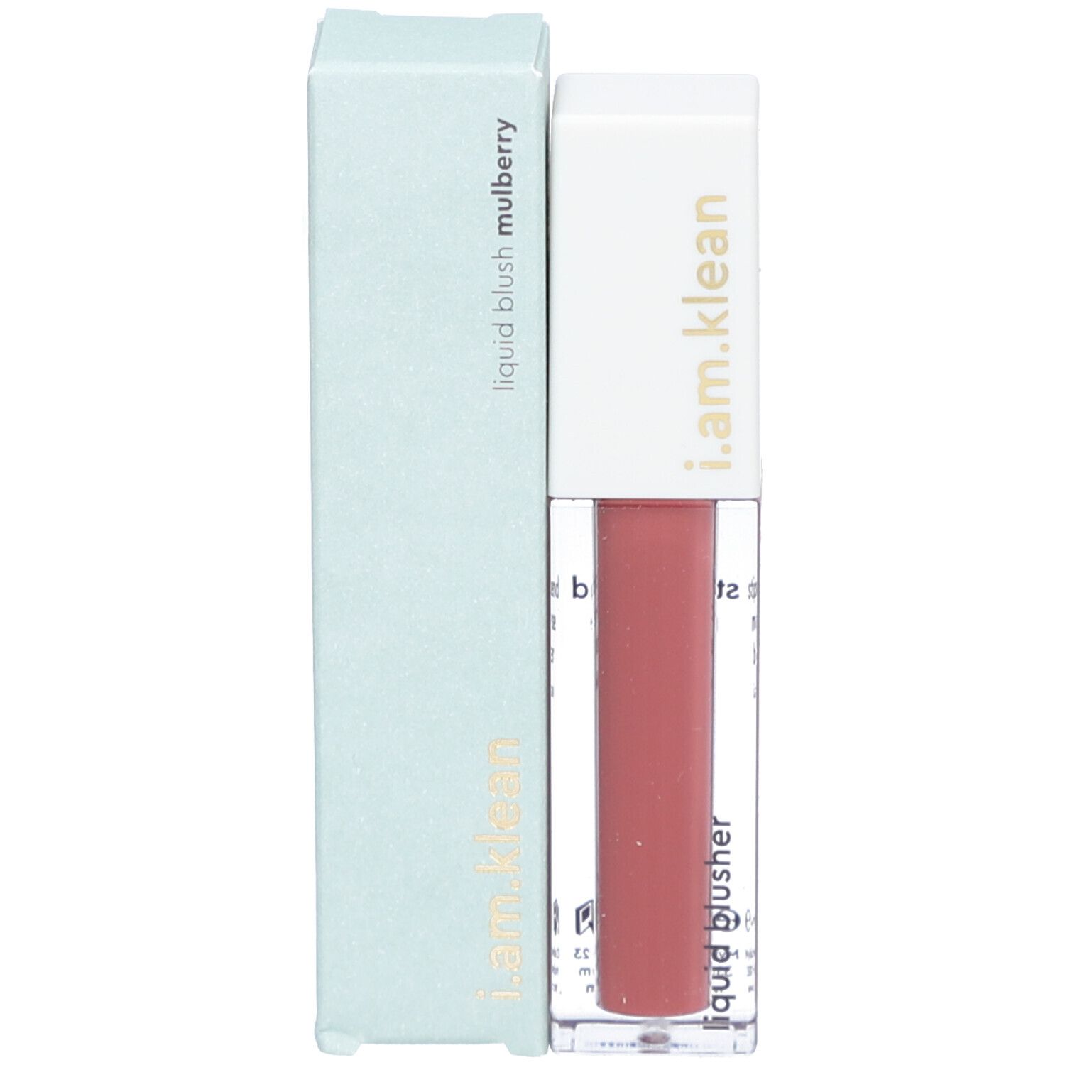 Flüssiger Rouge-Behälter mit weißem Deckel und Verpackung. Aufschrift: i.am.klean, liquid blush mulberry. Inhalt rosa.