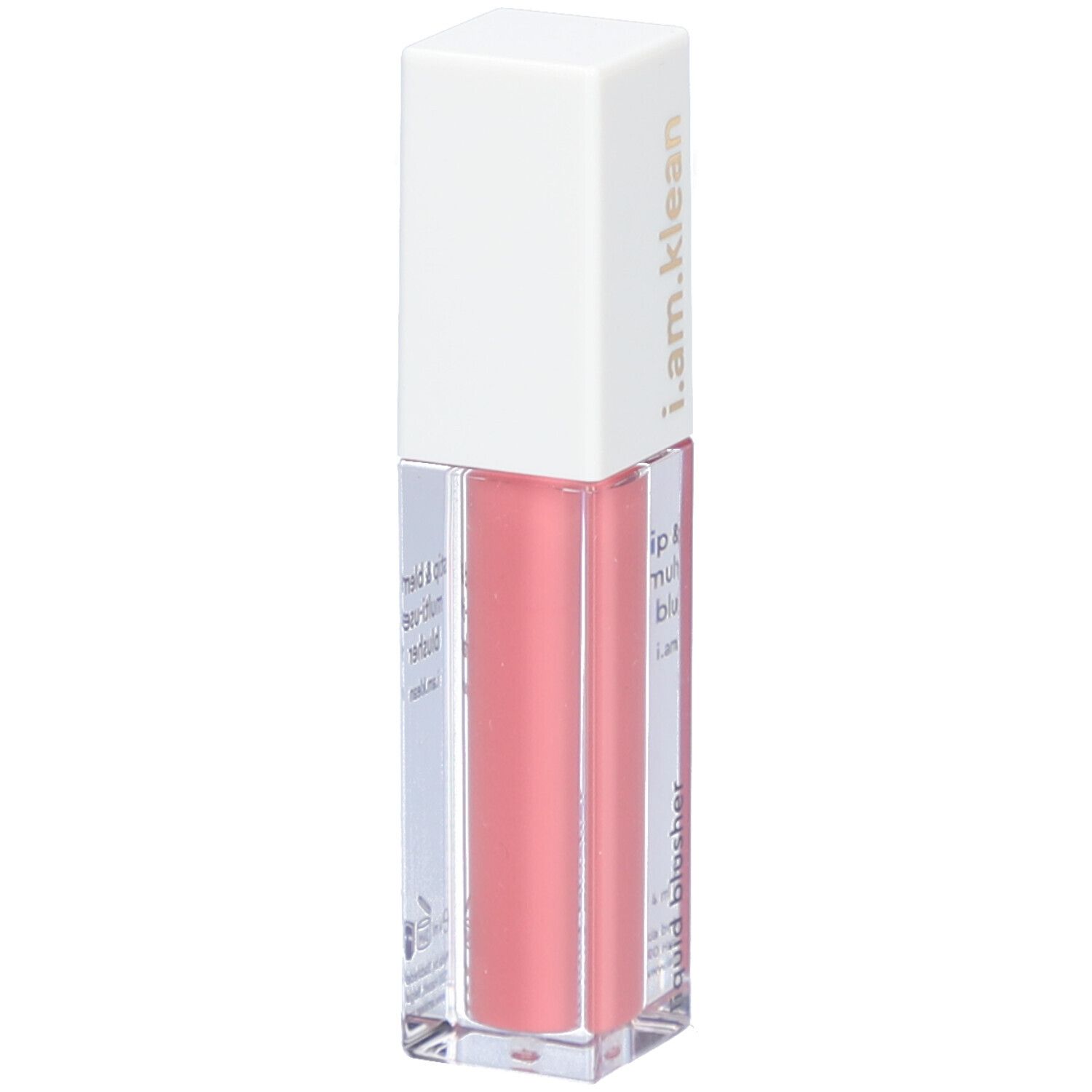 Flüssiger Blush in einer rechteckigen, transparenten Flasche mit weißem Deckel. Aufschrift: i.am.klean, liquid blusher.