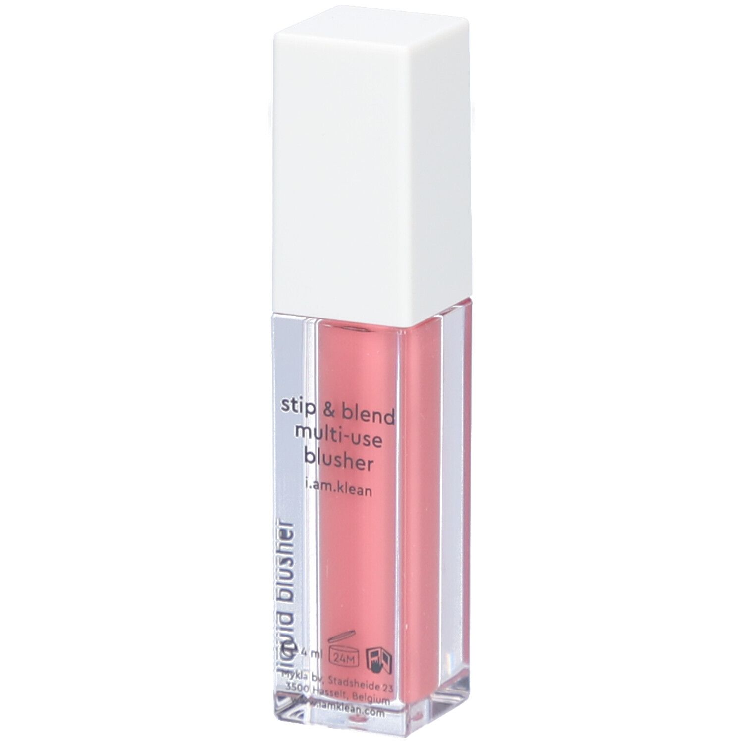 Flüssiger Blush in einer rechteckigen, transparenten Flasche mit weißem Deckel. Aufschrift: i.am.klean, liquid blusher.