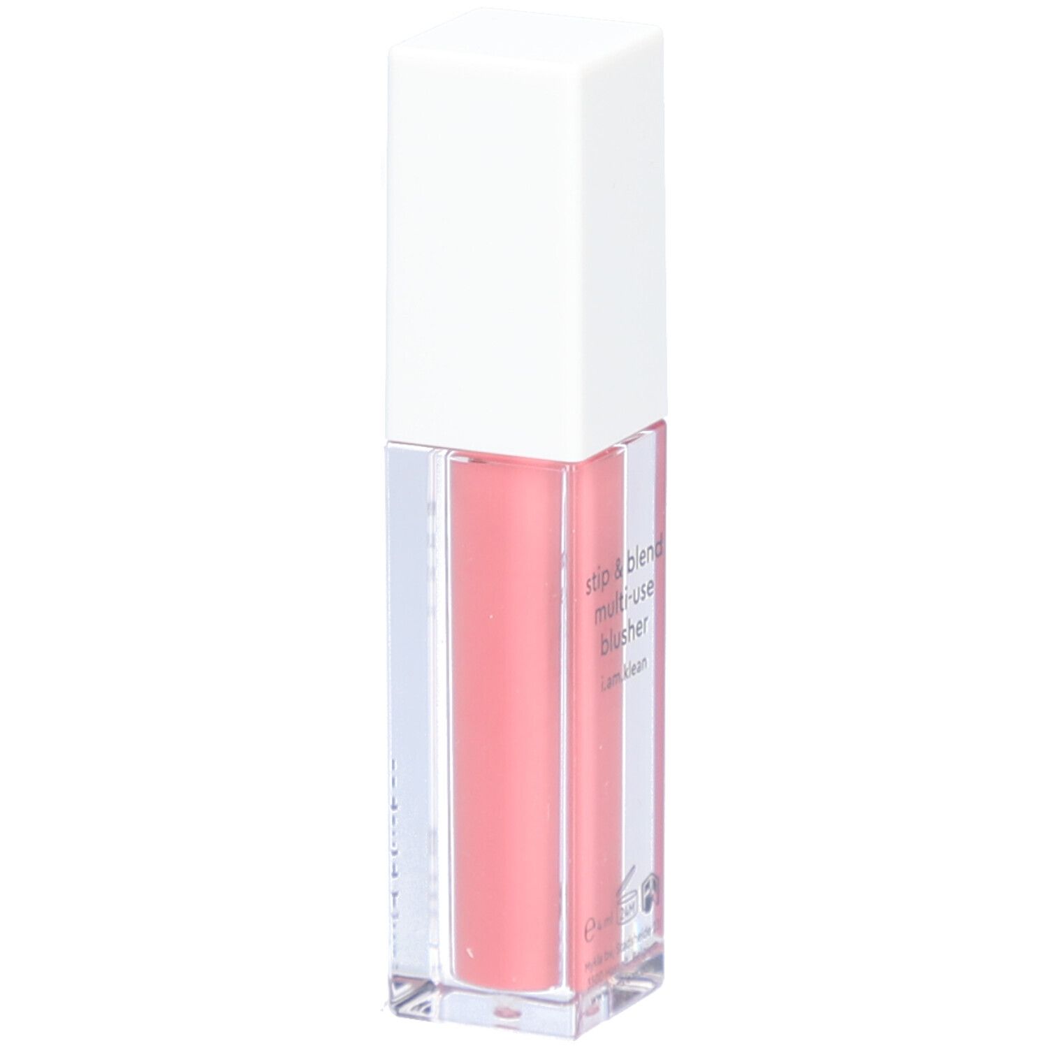 Flüssiger Blush in einer rechteckigen, transparenten Flasche mit weißem Deckel. Aufschrift: i.am.klean, liquid blusher.