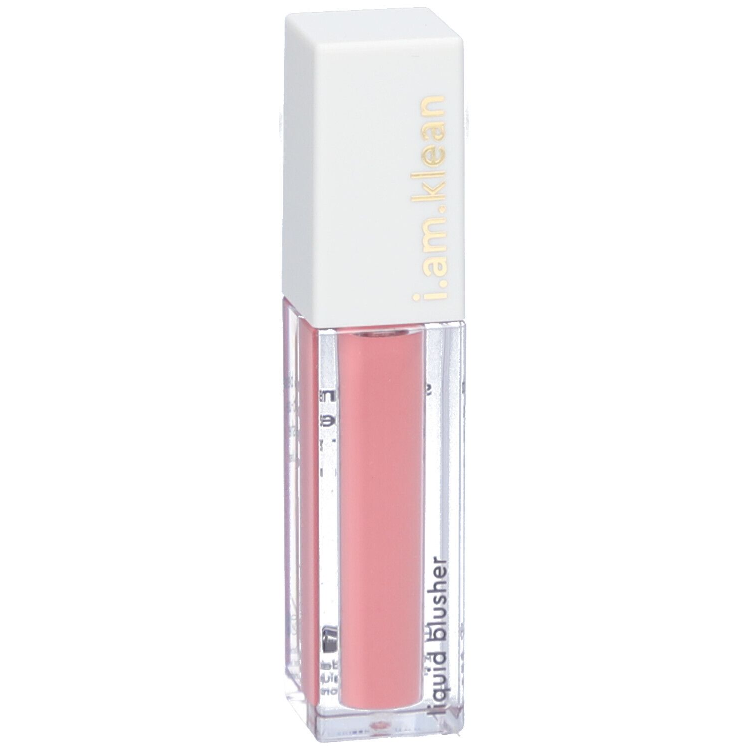 Flüssiger Blush in einer rechteckigen, transparenten Flasche mit weißem Deckel. Aufschrift: i.am.klean, liquid blusher.