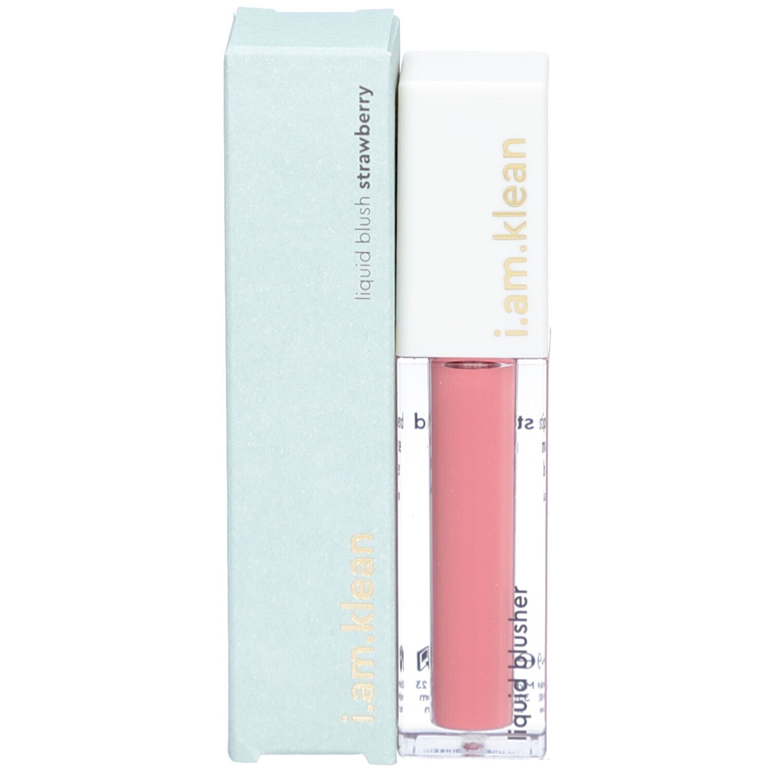 Flüssiger Blush mit Verpackung. Aufschrift: i.am.klean, liquid blush strawberry. Flasche und Verpackung sind hellblau.