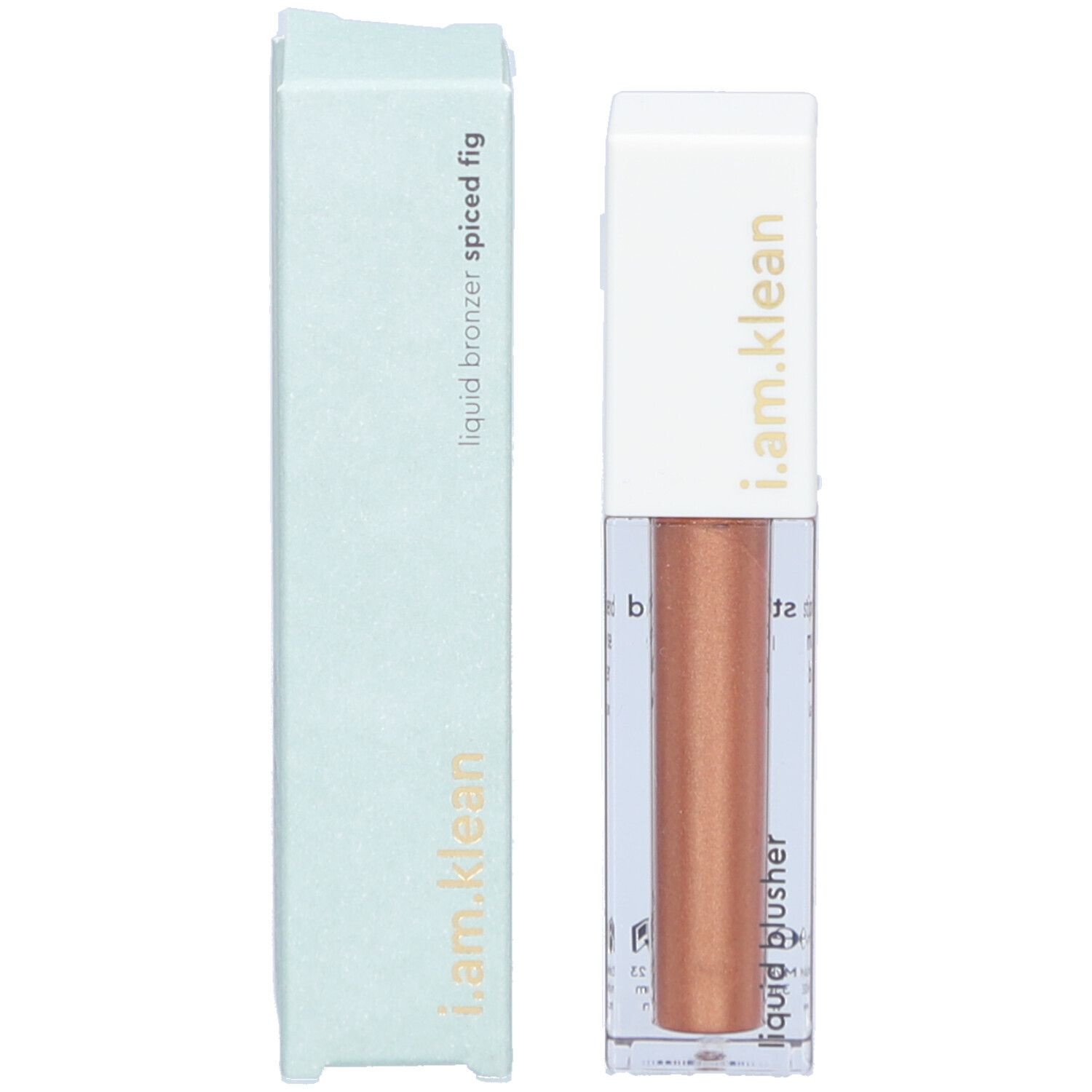 Flüssiger Bronzer mit Verpackung. Flasche und Schachtel. Aufschrift: i.am.klean, liquid bronzer spiced fig.