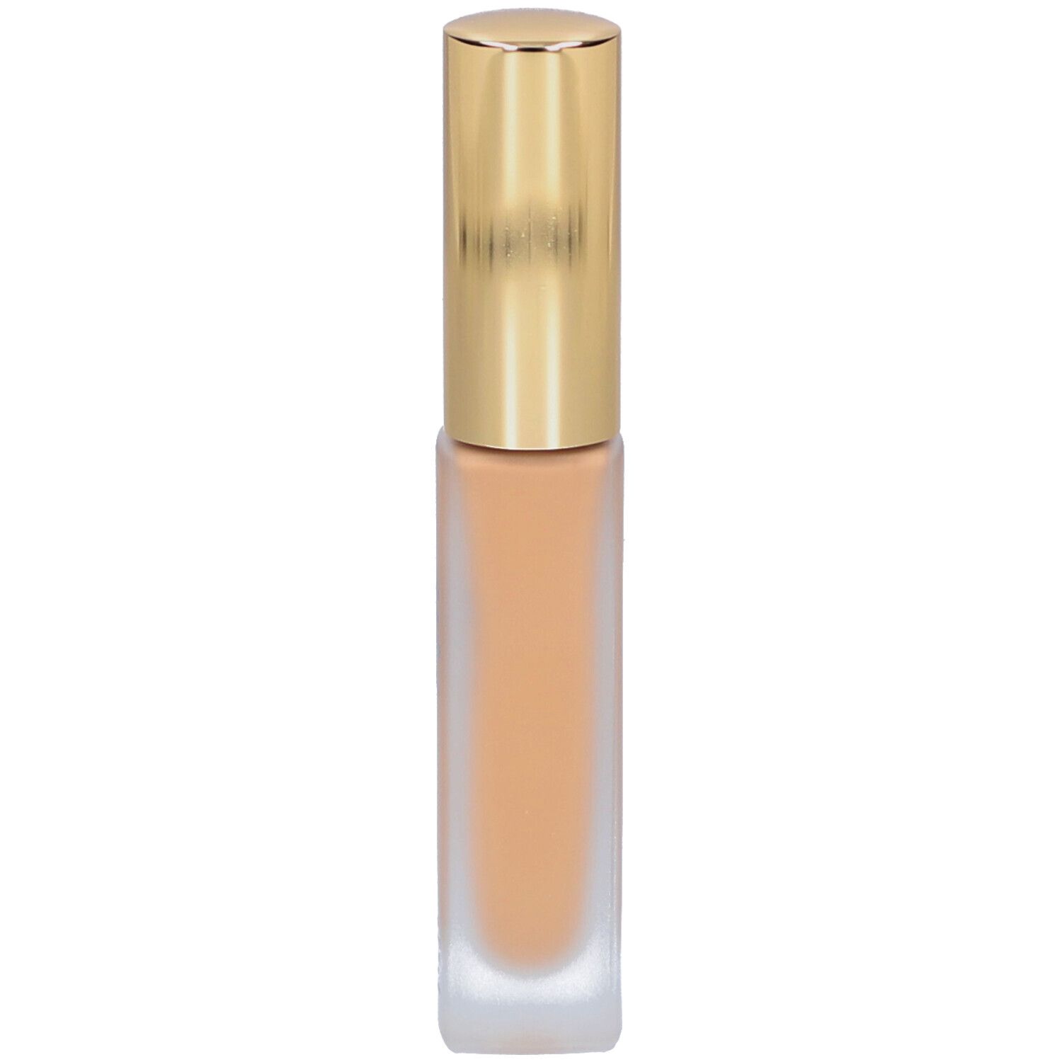 Flüssiger Concealer in einer rechteckigen Flasche mit goldenem Deckel. Die Flasche ist halb gefüllt.