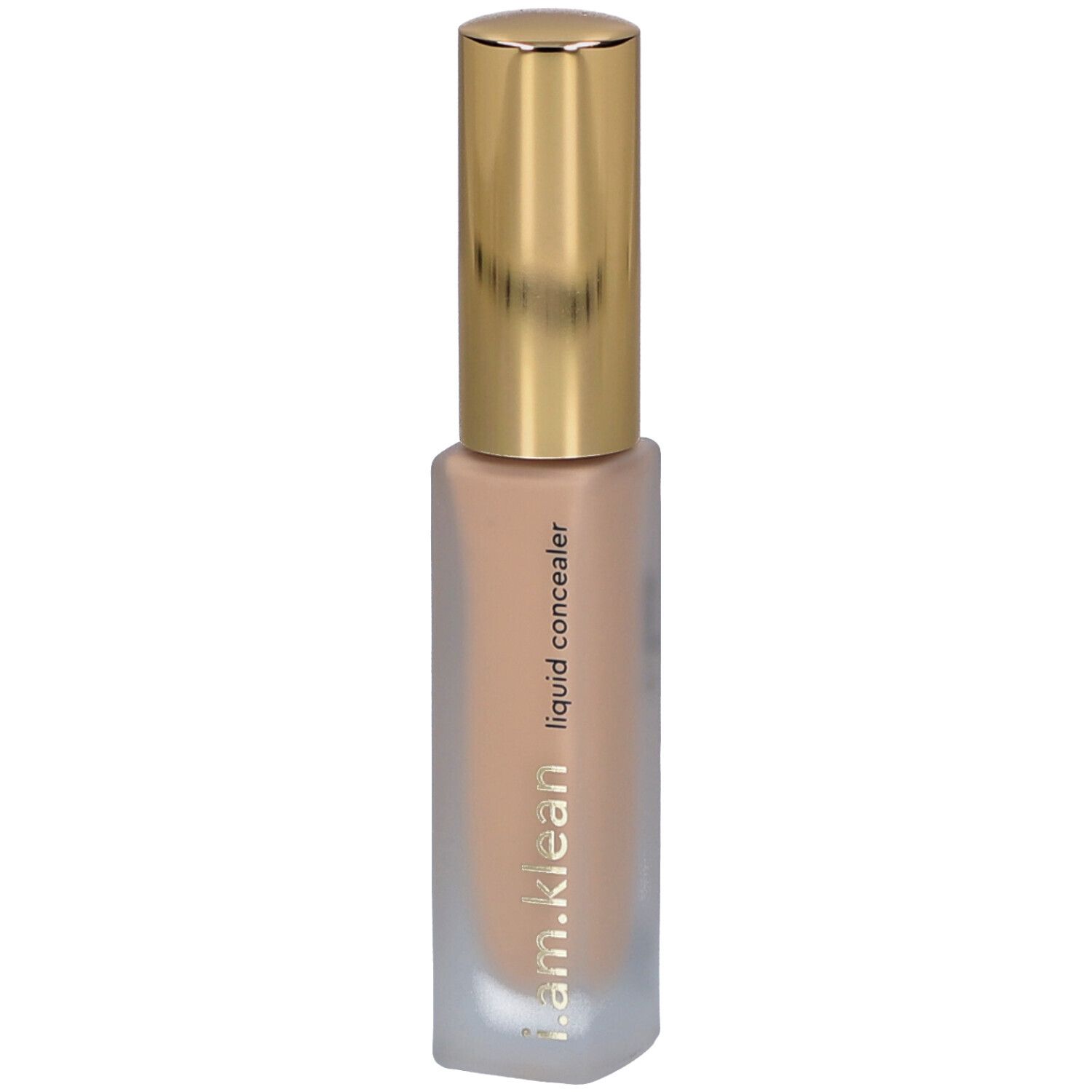 Flüssiger Concealer in einem rechteckigen, durchscheinenden Fläschchen mit goldfarbenem Deckel. Text auf dem Fläschchen: i.am.klean liquid concealer.