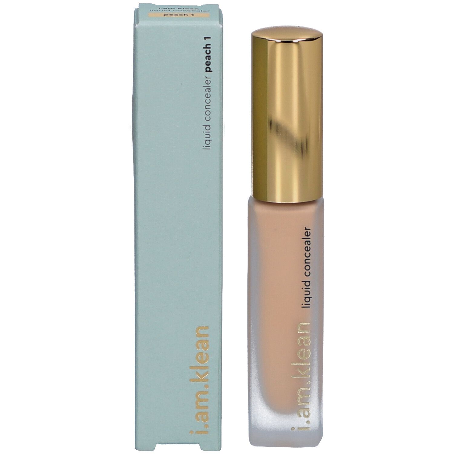 Flüssiger Concealer in einem Glasfläschchen mit goldenem Deckel und hellblauer Verpackung. Marke: i.am.klean.