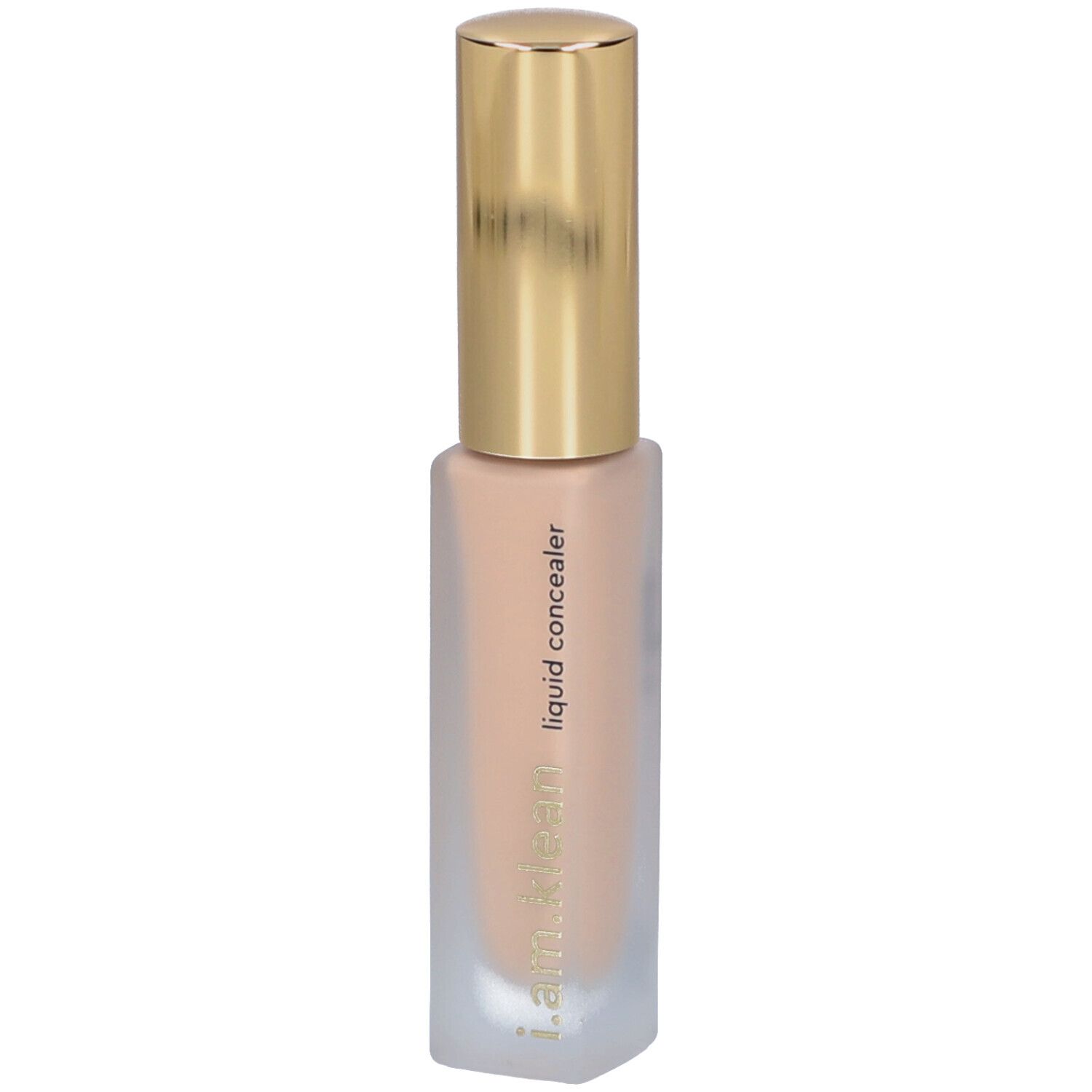 Flüssiger Concealer. Rechteckige, transparente Flasche mit goldenem Deckel. Aufschrift: liquid concealer, i.am.klean.