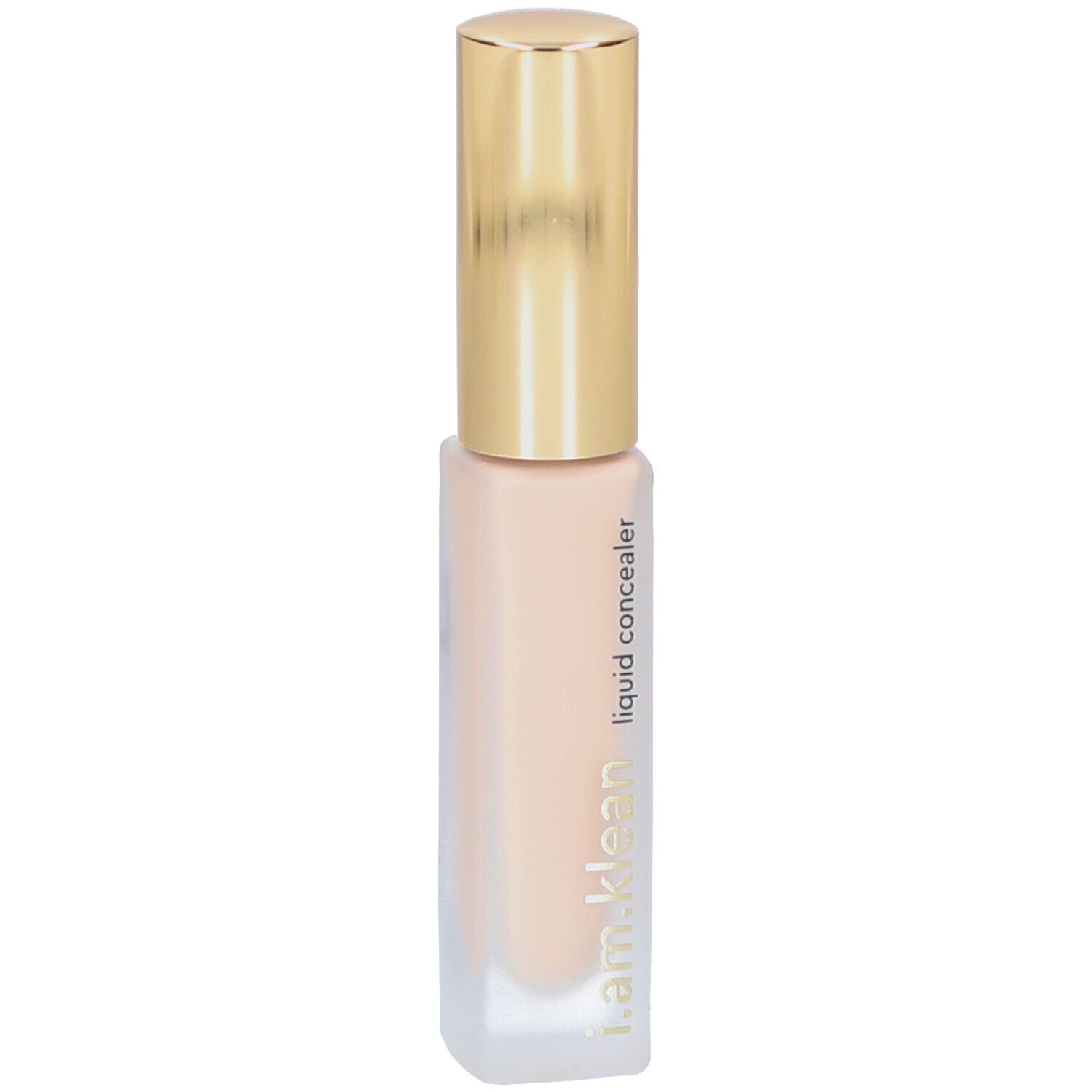 Flüssiger Concealer. Rechteckige, transparente Flasche mit goldenem Deckel. Aufschrift: liquid concealer, i.am.klean.
