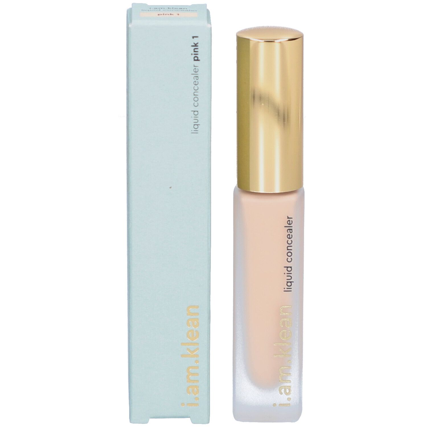 Flüssiger Concealer und Verpackung. Rechteckige Flasche mit goldenem Deckel und hellblaue Schachtel. Aufschrift: liquid concealer pink 1.
