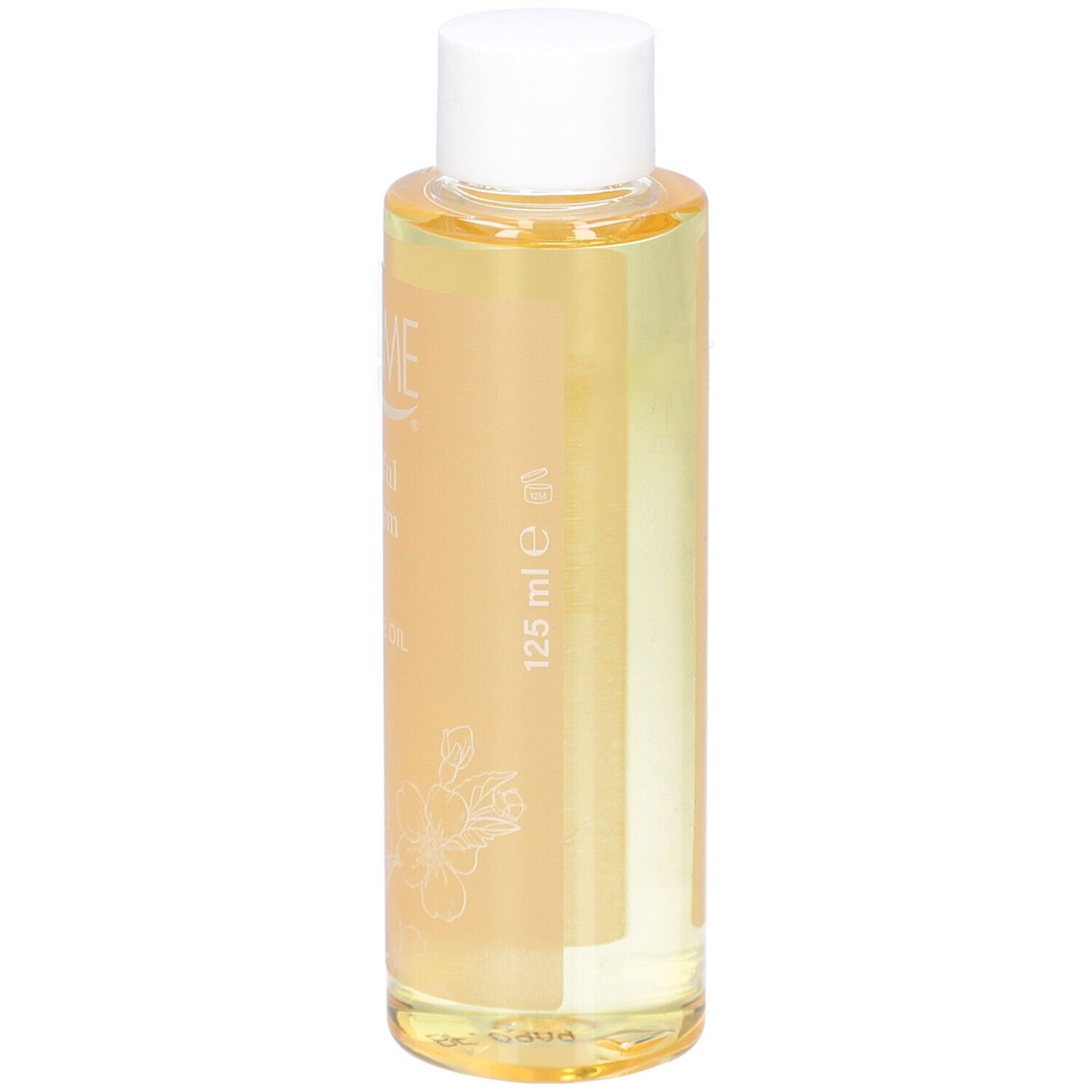 Therme Mindful Blossom Massageöl in einer zylindrischen Flasche mit weißem Deckel. Aufschrift: THERME, Mindful Blossom, Massage Oil, 125 ml.