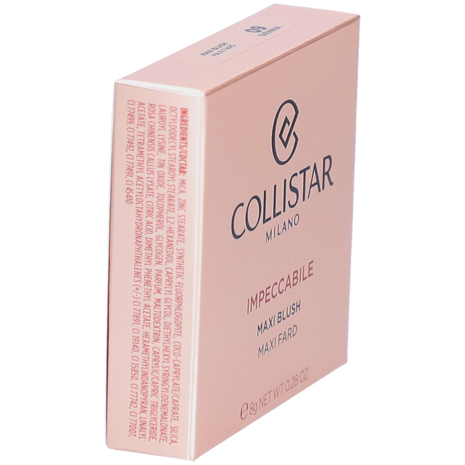 Rosafarbene Verpackung. Marke Collistar Milano. Produktname Impeccabile Maxi Blush. Inhaltsstoffe.