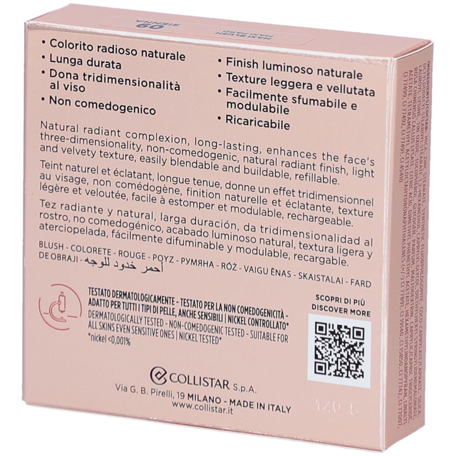 Rosafarbene Verpackung. Marke Collistar Milano. Produktname Impeccabile Maxi Blush. Text.