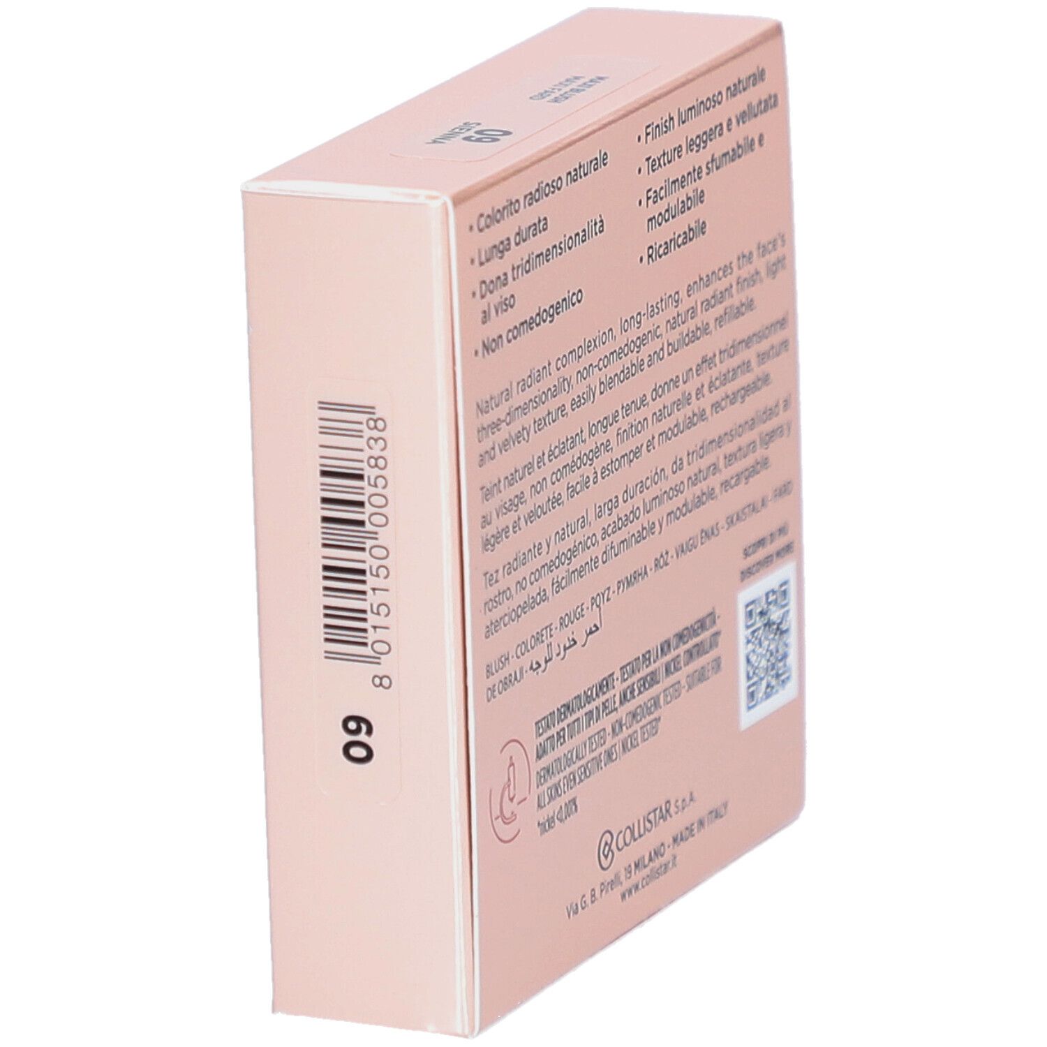 Rosafarbene Verpackung. Marke Collistar Milano. Produktname Impeccabile Maxi Blush. Text.
