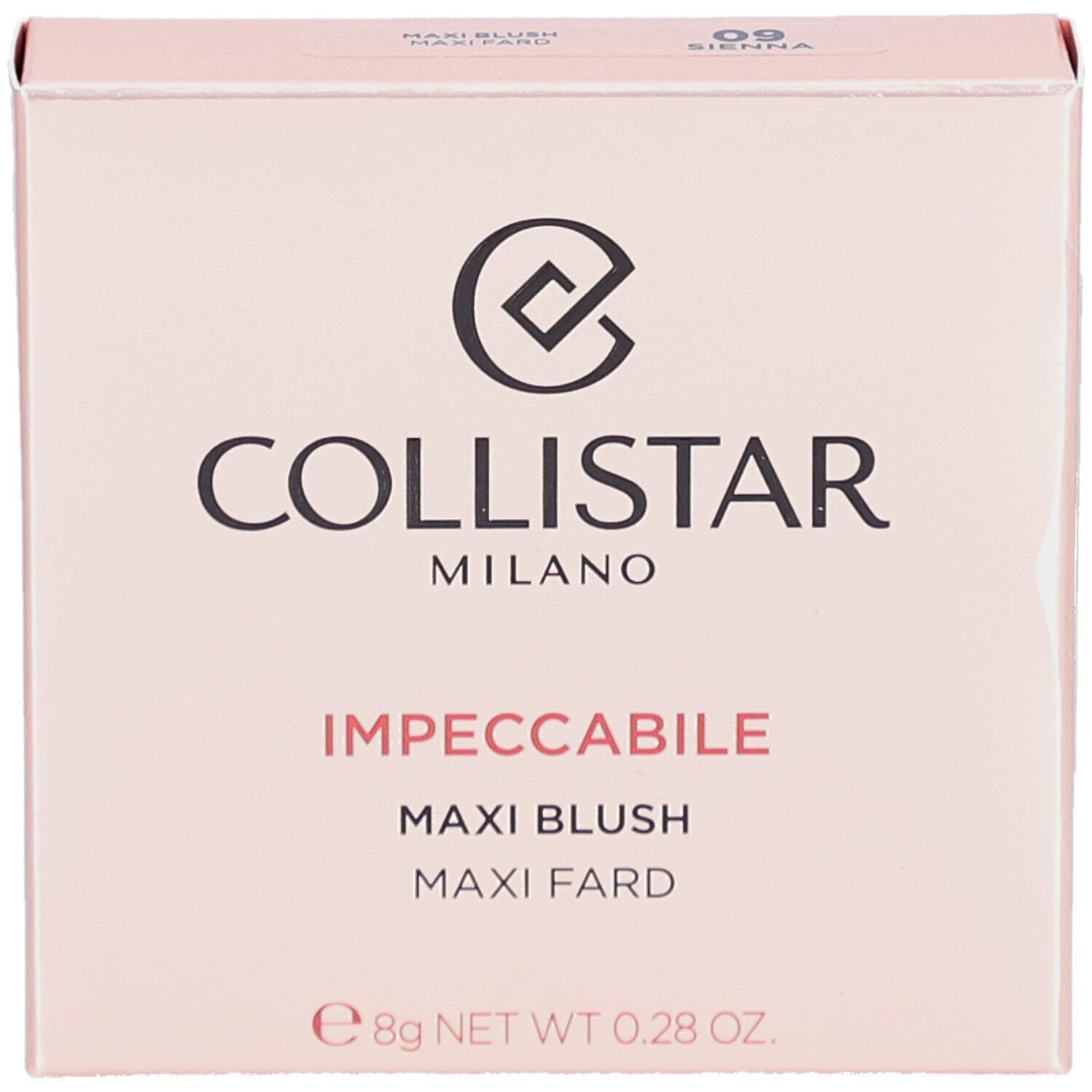 Rosafarbene Verpackung. Marke Collistar Milano. Produktname Impeccabile Maxi Blush. Farbton 09 Sienna. 8g.
