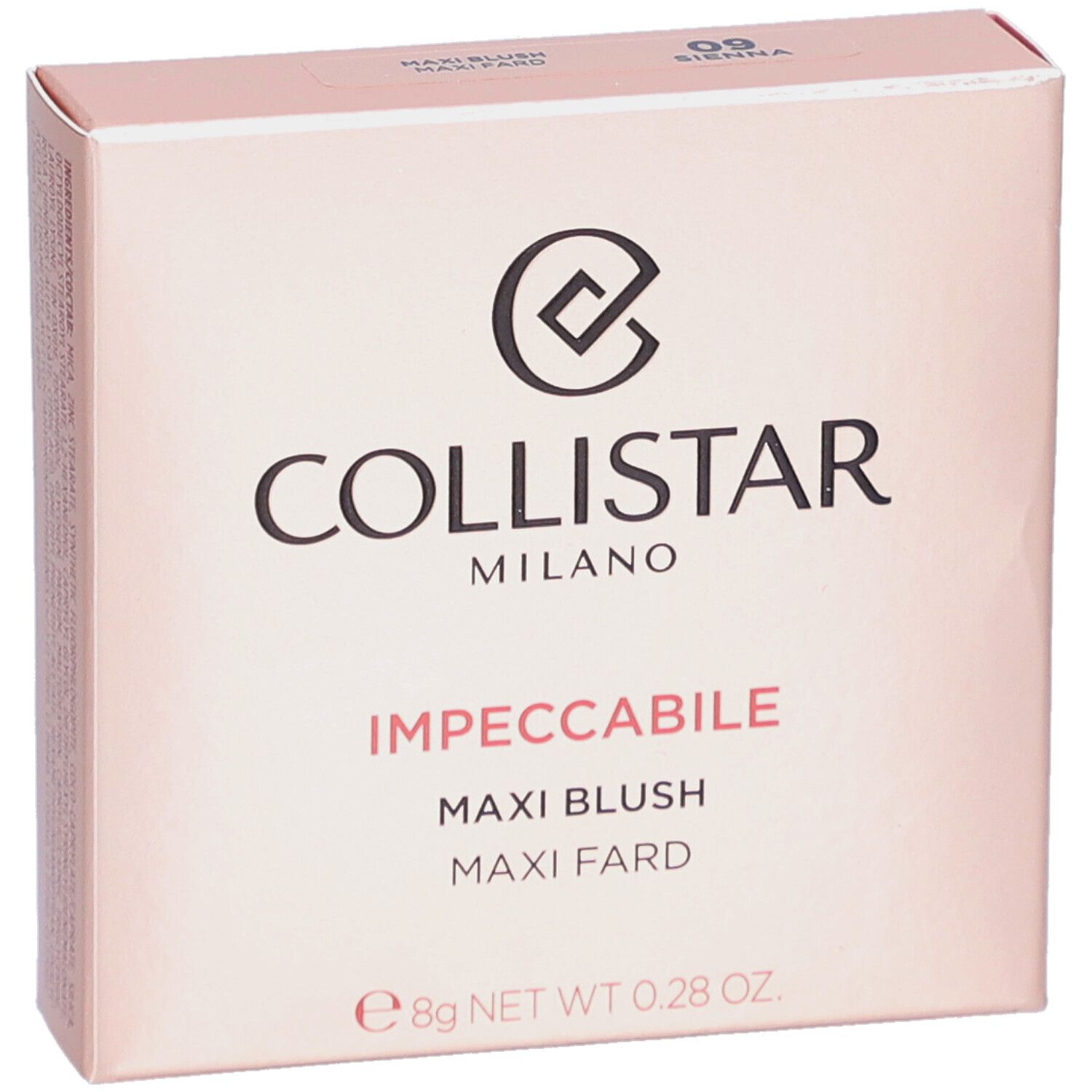 Rosafarbene Verpackung. Marke Collistar Milano. Produktname Impeccabile Maxi Blush. Farbton 09 Sienna. 8g.