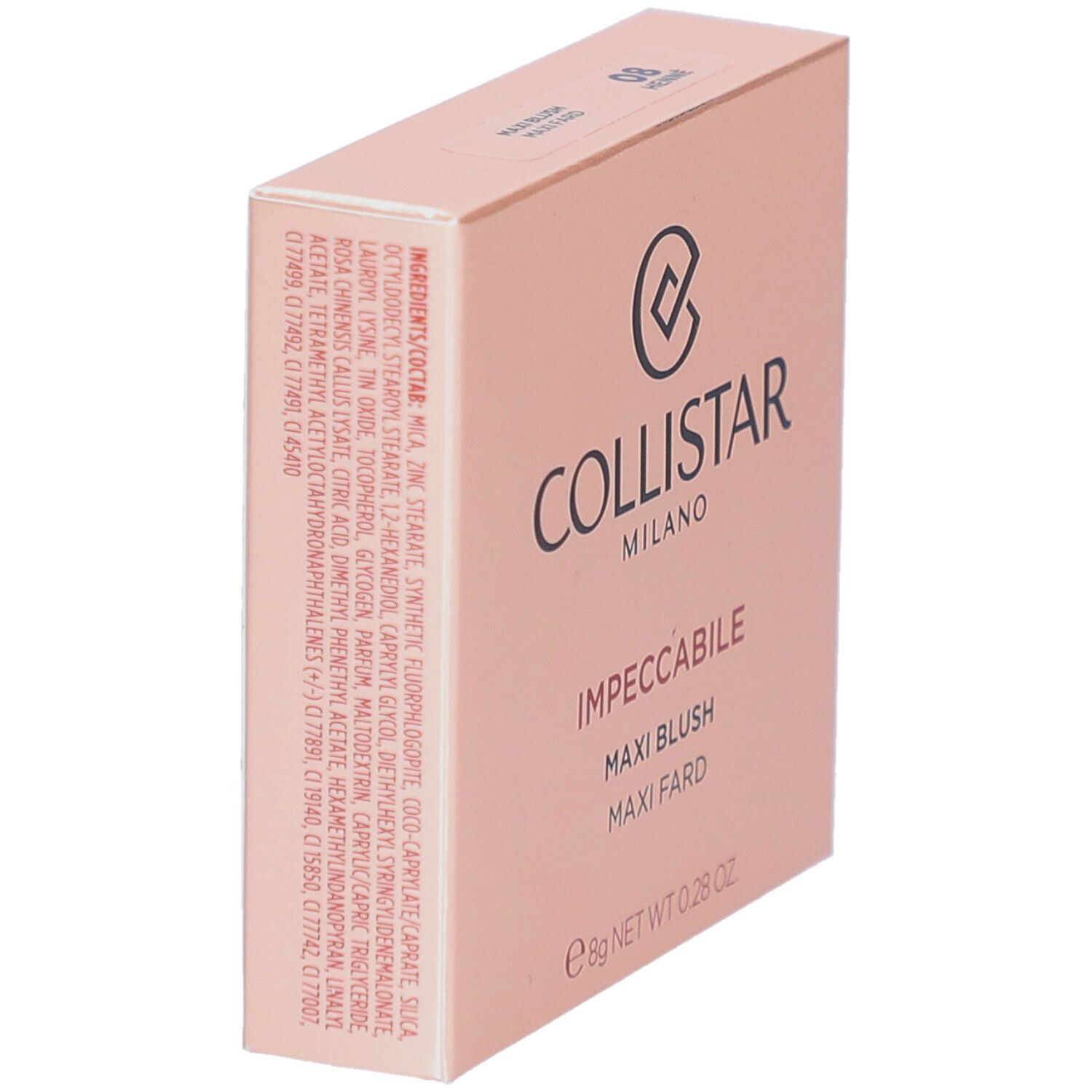 Blush-Verpackung, schräg. Rosa Karton mit Logo und Produktbezeichnung. Enthält 8g.
