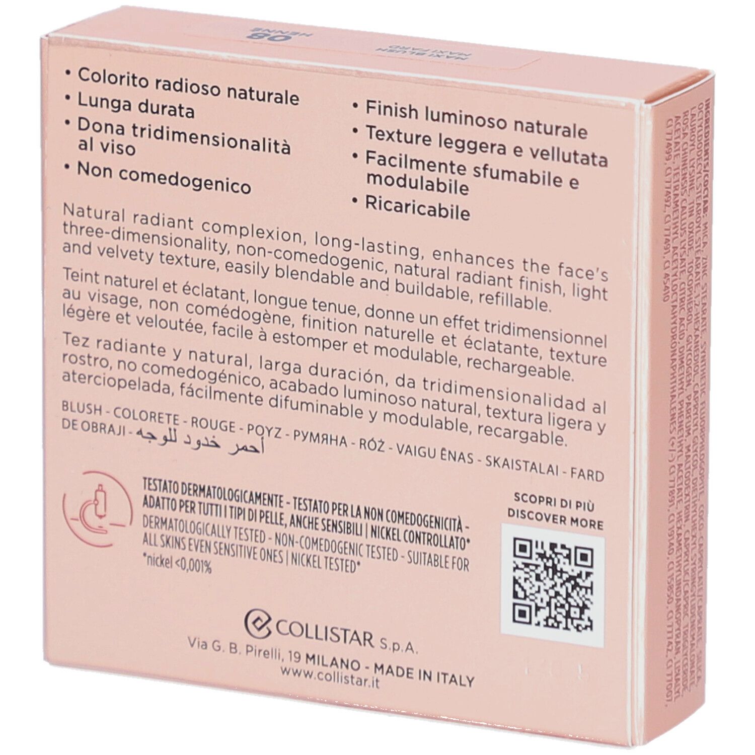 Rückseite der Blush-Verpackung. Text und QR-Code. Rosa Hintergrund.