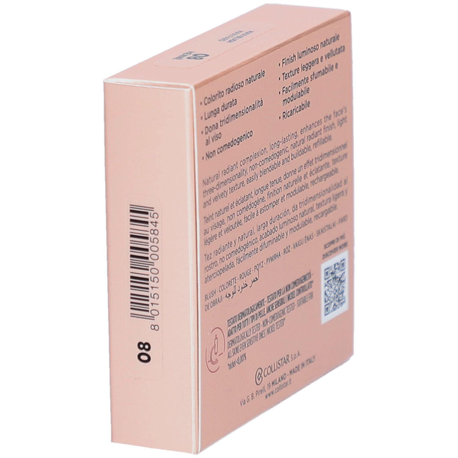 Rückseite der Blush-Verpackung, schräg. Text und QR-Code. Rosa Hintergrund.