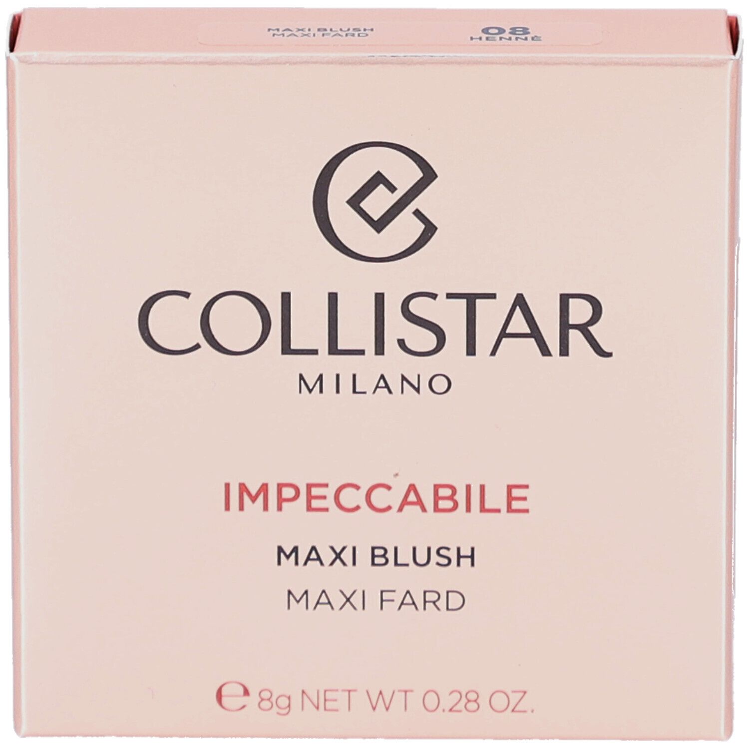 Blush-Verpackung. Rosa Karton mit Logo und Produktbezeichnung. Enthält 8g.