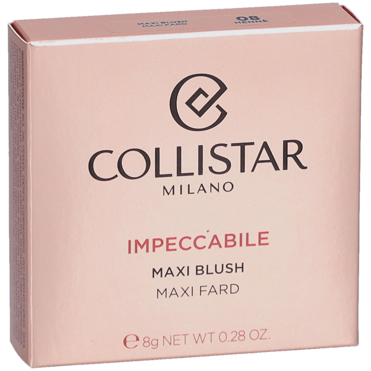 Blush-Verpackung. Rosa Karton mit Logo und Produktbezeichnung. Enthält 8g.