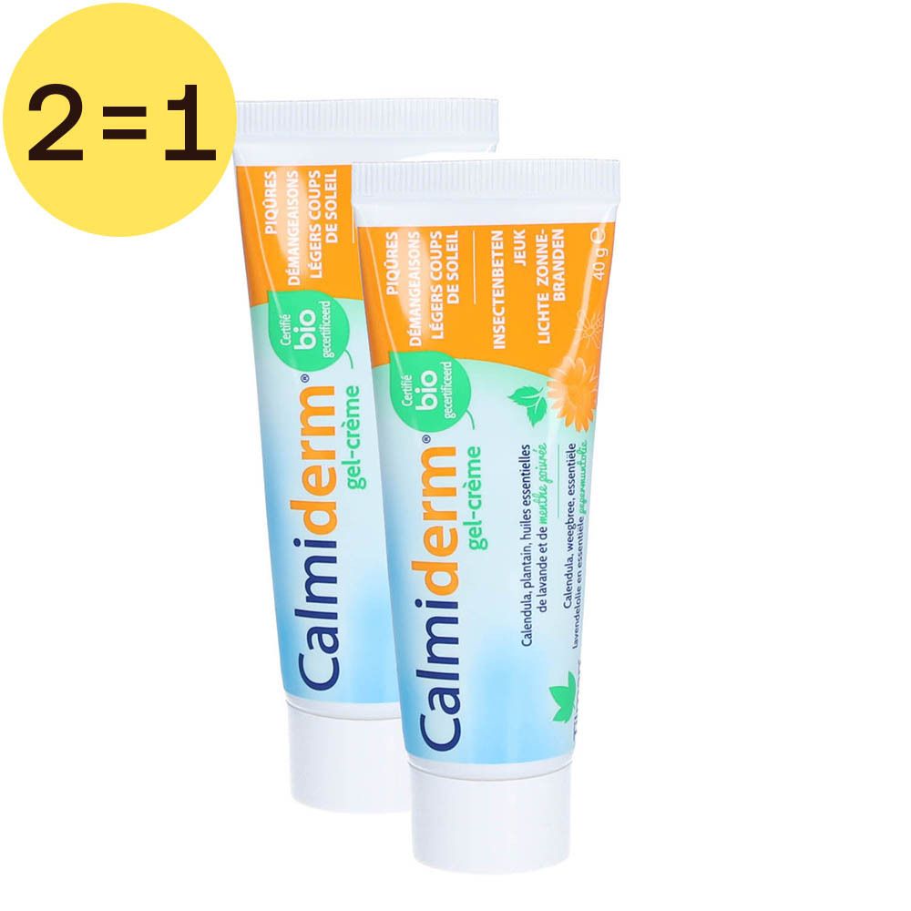 Zwei Tuben Calmiderm gel-crème BIO. Aufschrift: Piqures, Démangeaisons, Légers coups de soleil. Gel-Creme.