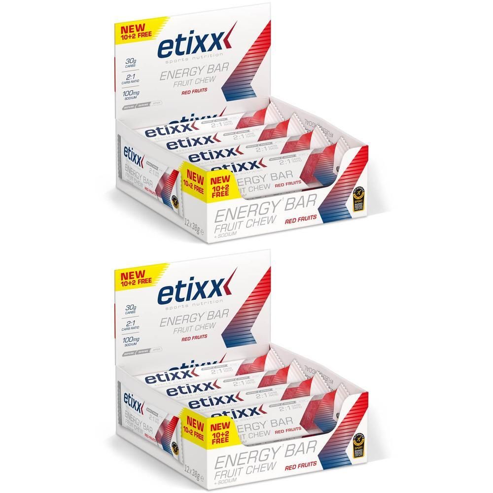 Deux boîtes Etixx Energy Bar, chewing-gum aux fruits, fruits rouges. Inscription : 2=1. Inscription : New 10+2 gratuit.