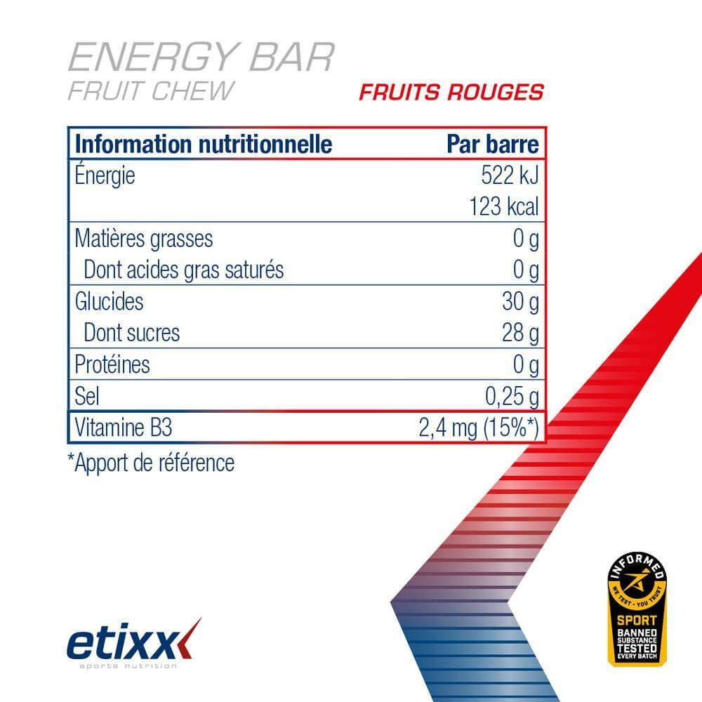Tableau nutritionnel pour Etixx Energy Bar, fruits rouges. Informations par barre : énergie, matières grasses, glucides, protéines, sel, vitamine B3.