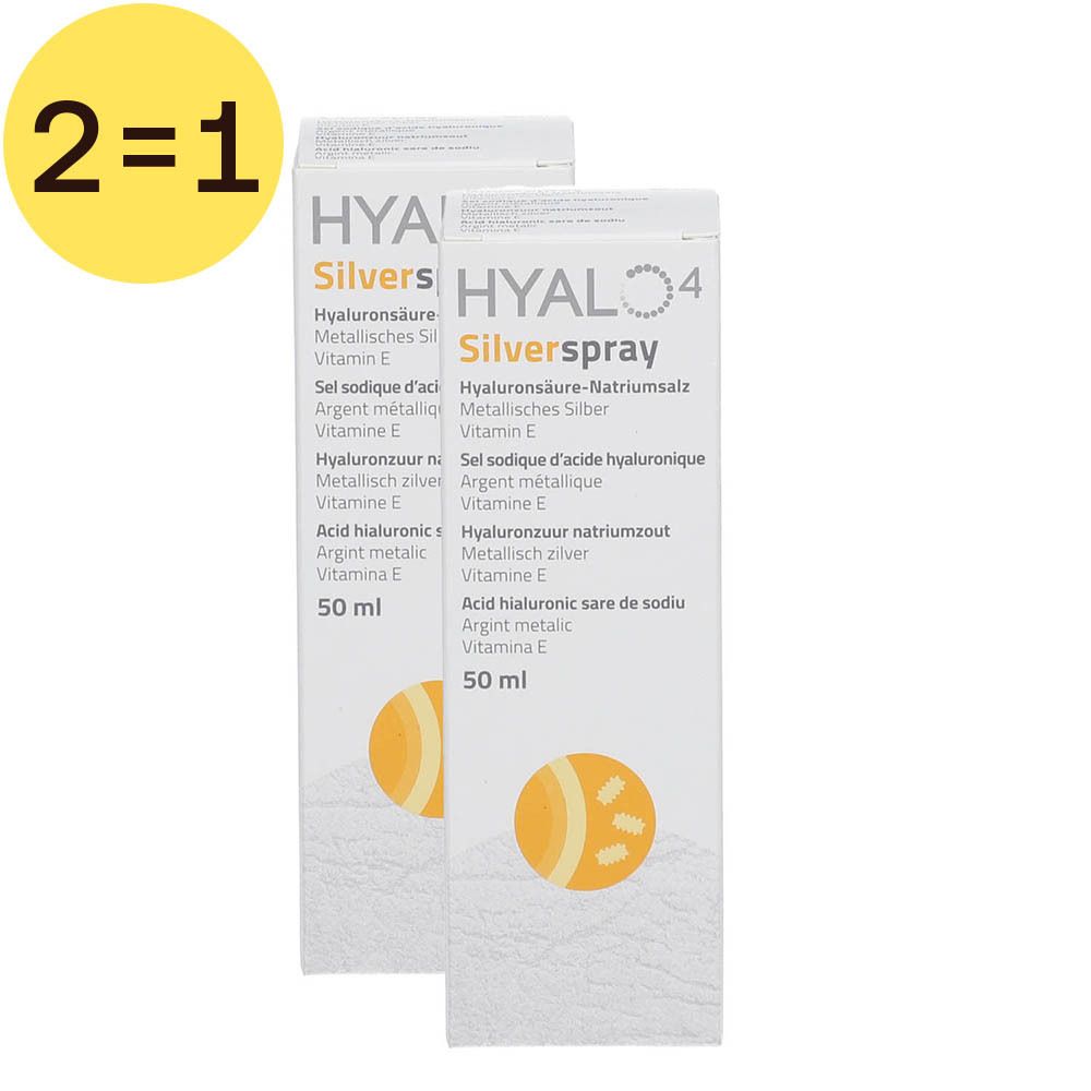 Twee flacons HYAL4 Silver Spray met hyaluronzuur en vitamine E, 50 ml.