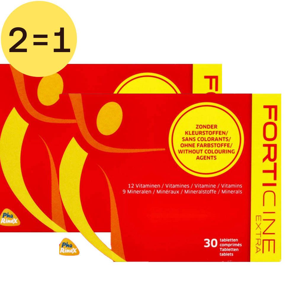 Twee rode dozen met gele accenten. Opschrift: FORTICINE EXTRA, 30 tabletten. Gele cirkel met tekst: Zonder kleurstoffen. 2=1 actie.